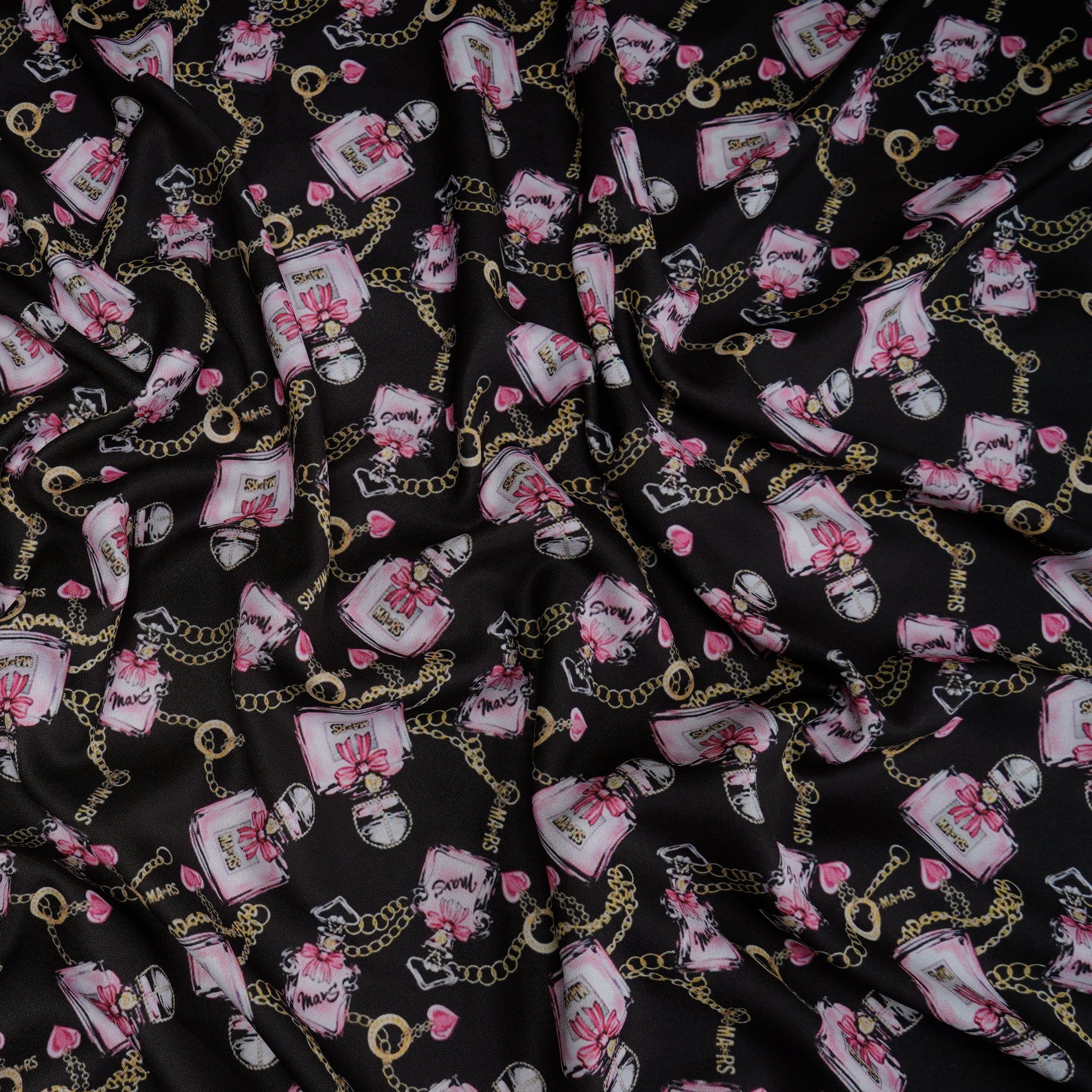 Black Animated Pattern Printed Crepe Fabric