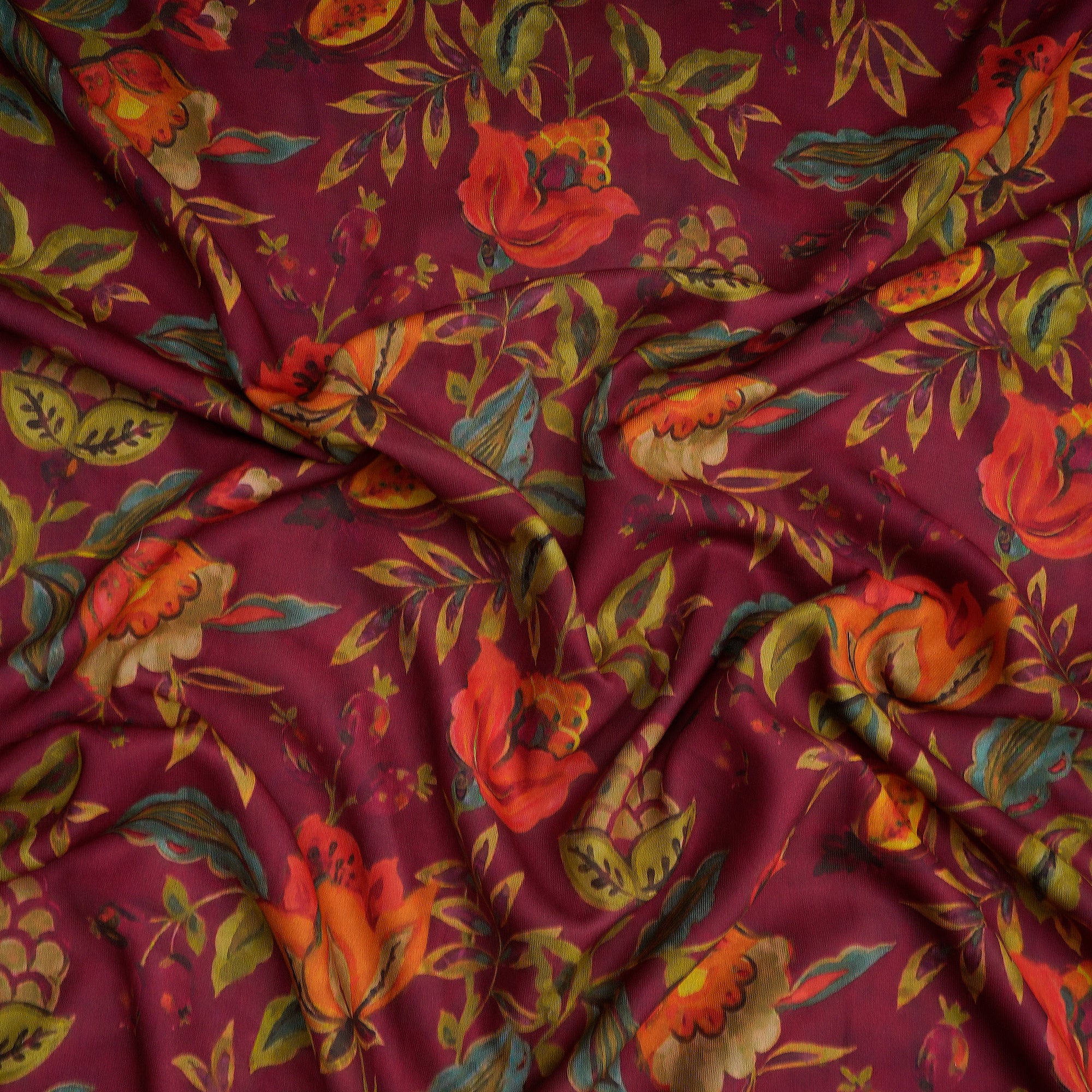 Rythmic Red Floral Pattern Printed Crepe Fabric