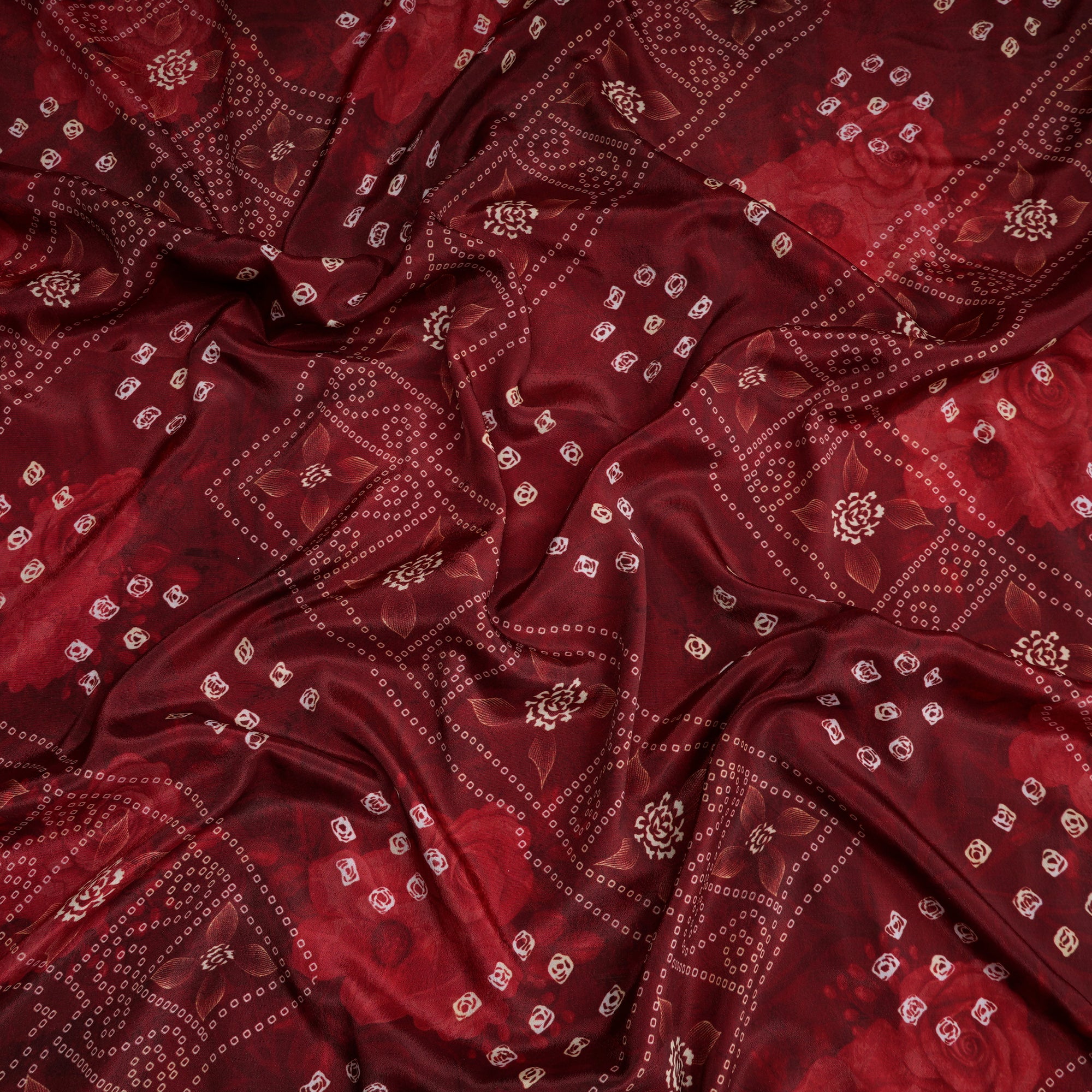 Brown Bandhani Pattern Printed Crepe Fabric