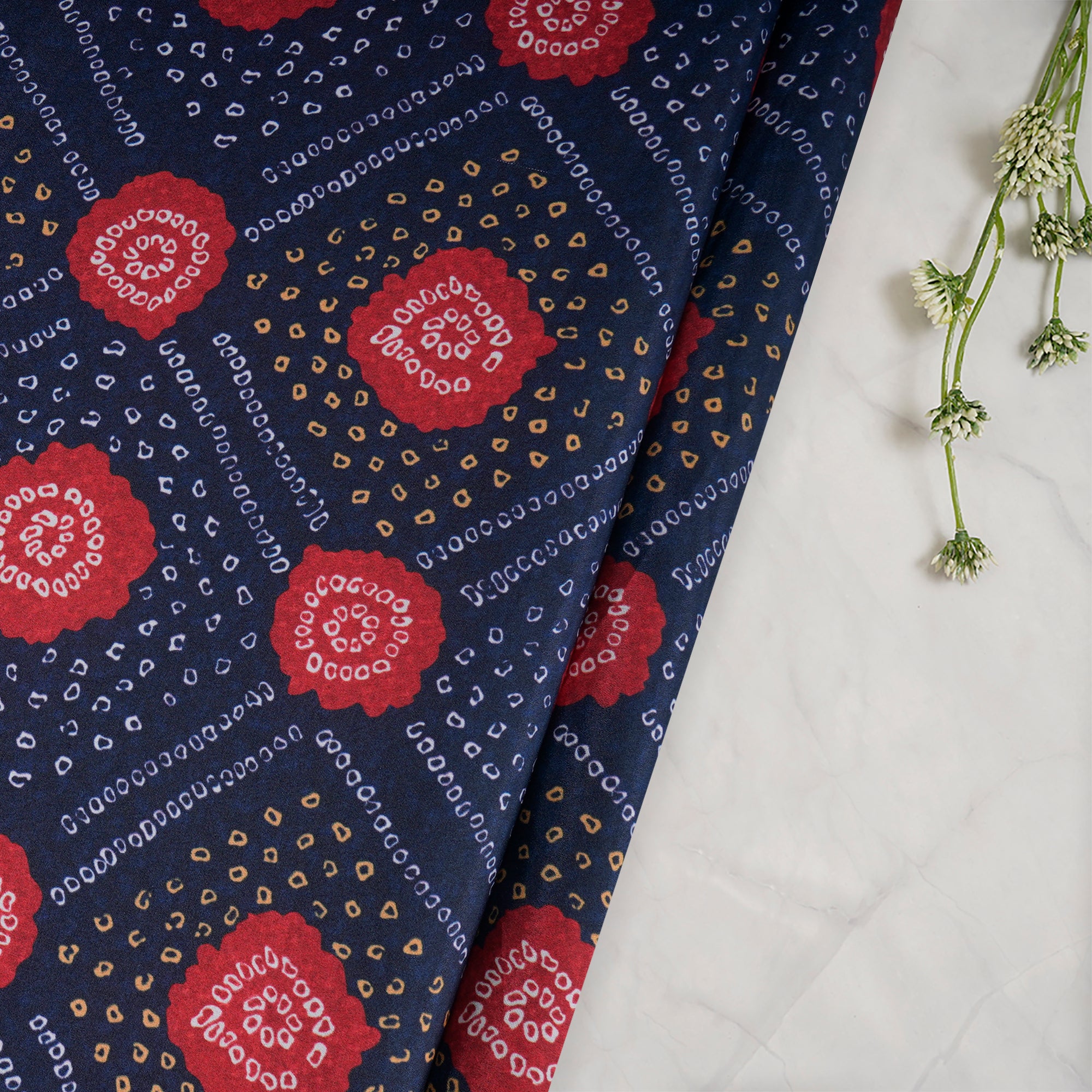 Navy Blue Bandhani Pattern Printed Crepe Fabric