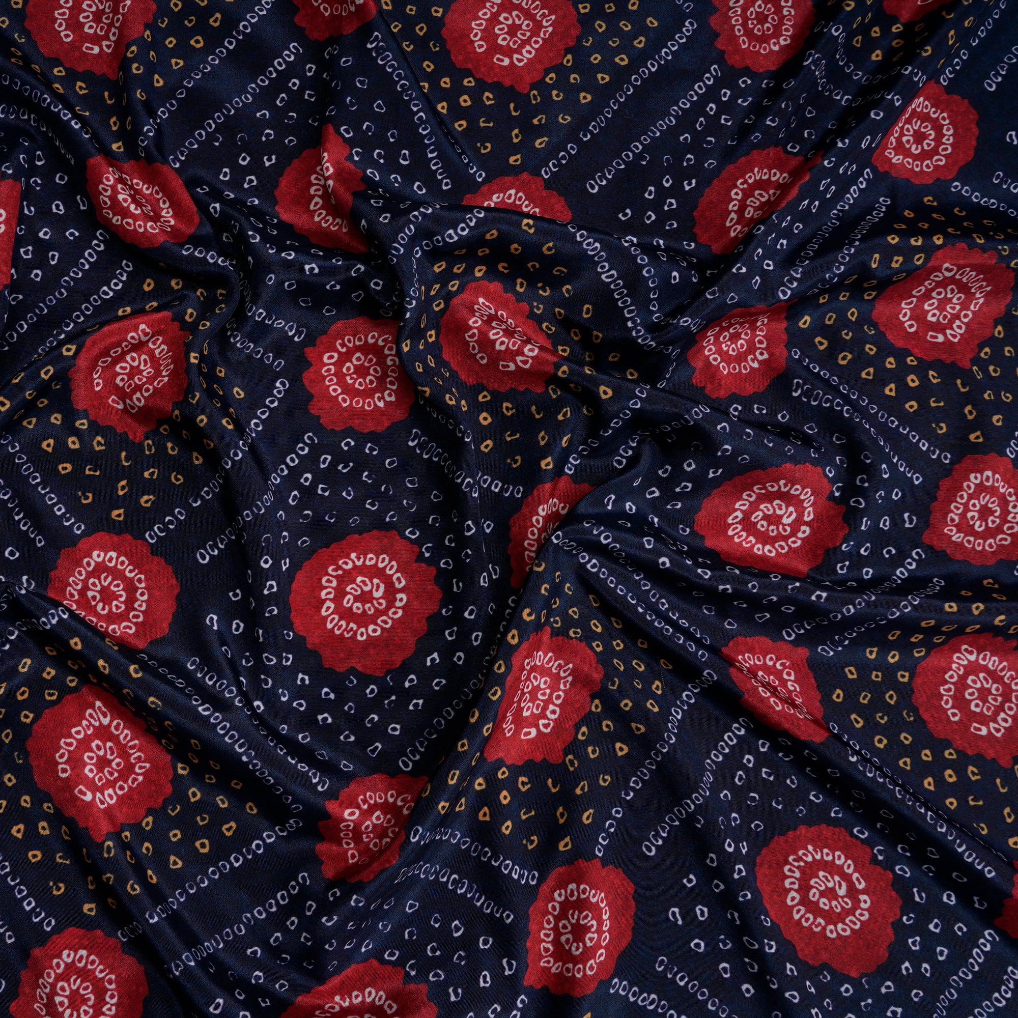 Navy Blue Bandhani Pattern Printed Crepe Fabric