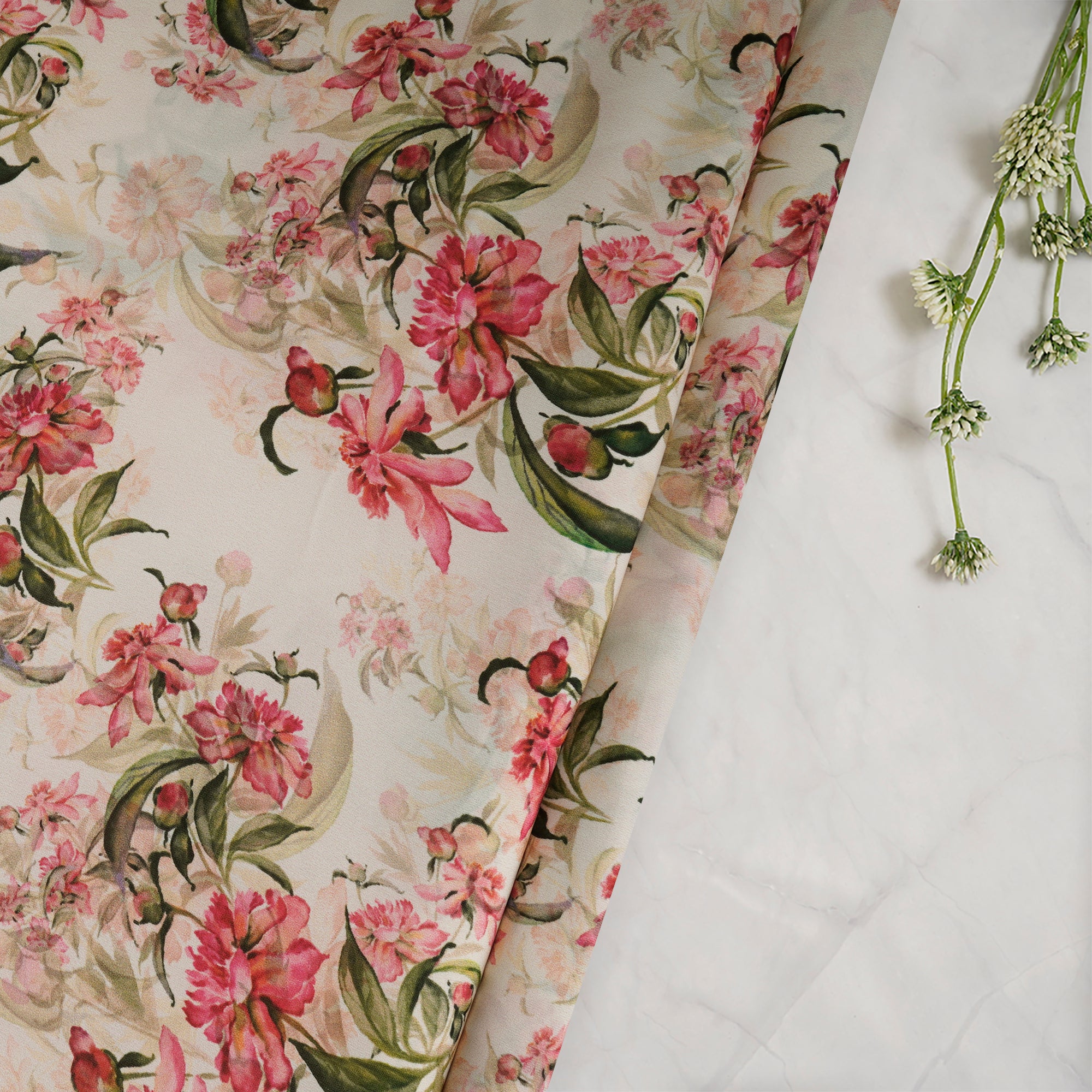 Cream Floral Pattern Printed Crepe Fabric