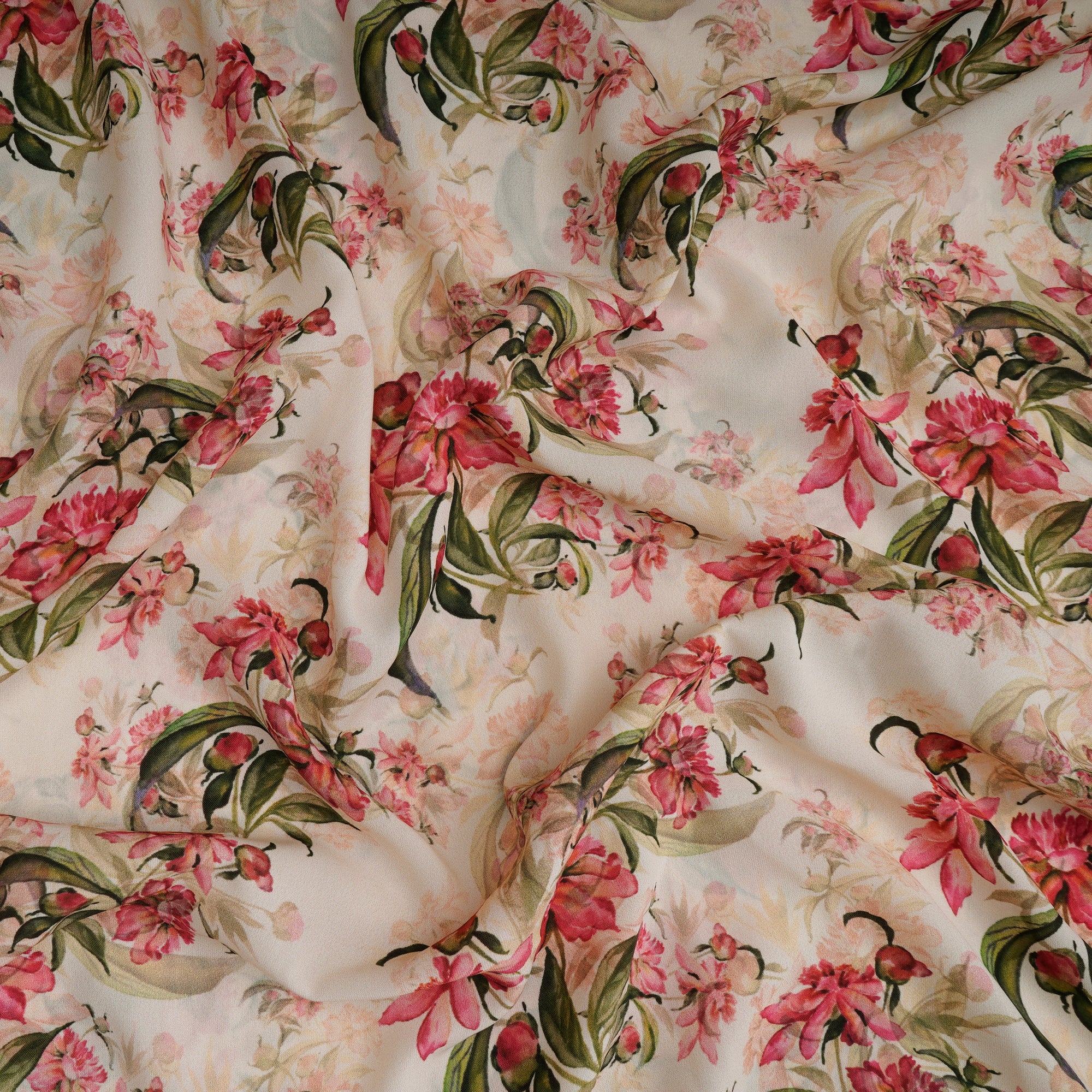 Cream Floral Pattern Printed Crepe Fabric