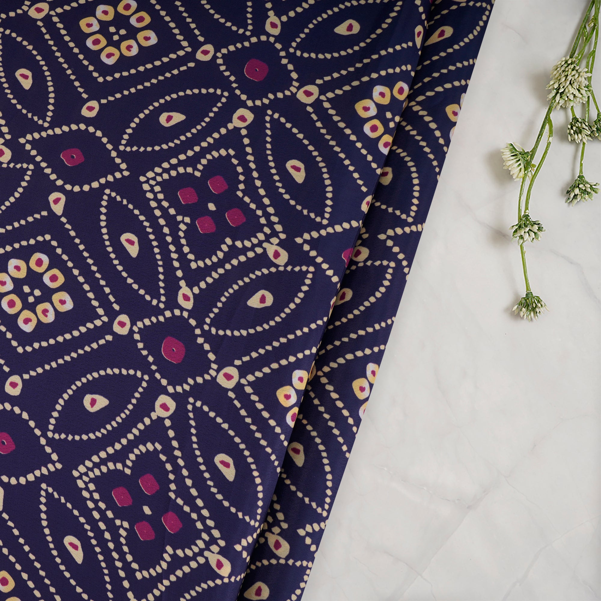 Purple Bandhani Pattern Printed Crepe Fabric