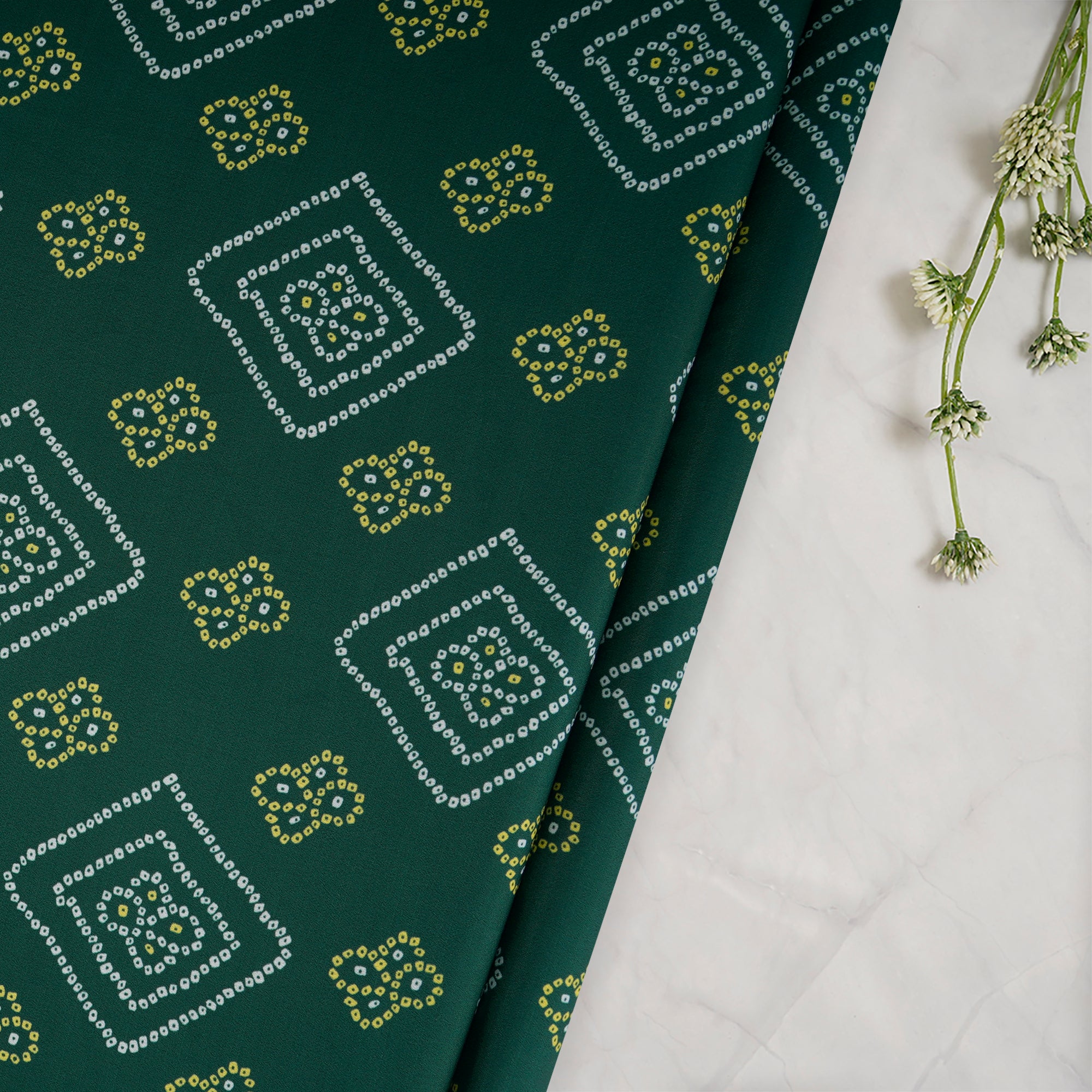 Dark Green Bandhani Pattern Printed Crepe Fabric