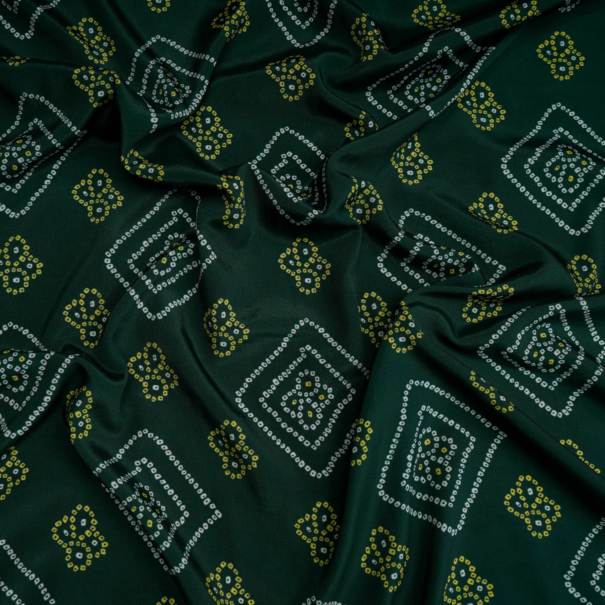 Dark Green Bandhani Pattern Printed Crepe Fabric