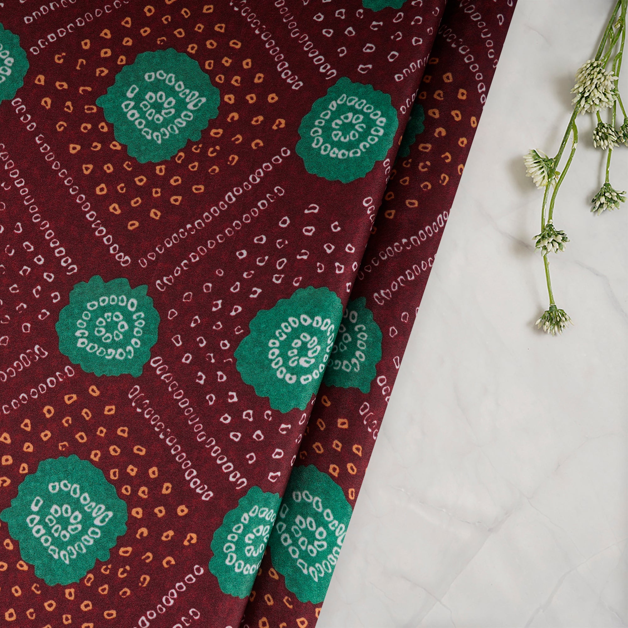 Brown Bandhani Pattern Printed Crepe Fabric