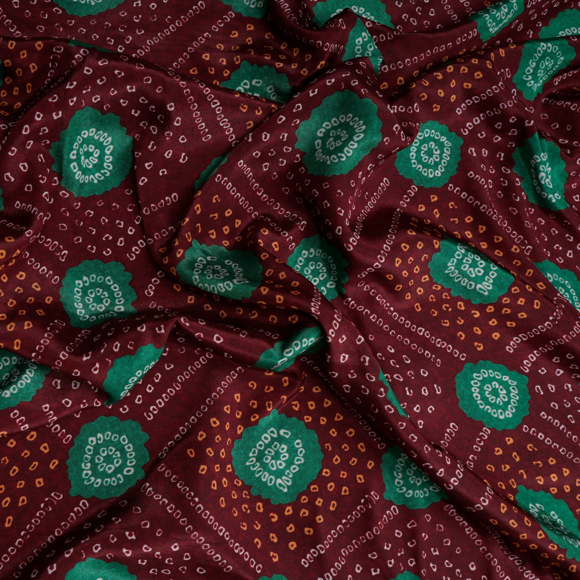 Brown Bandhani Pattern Printed Crepe Fabric