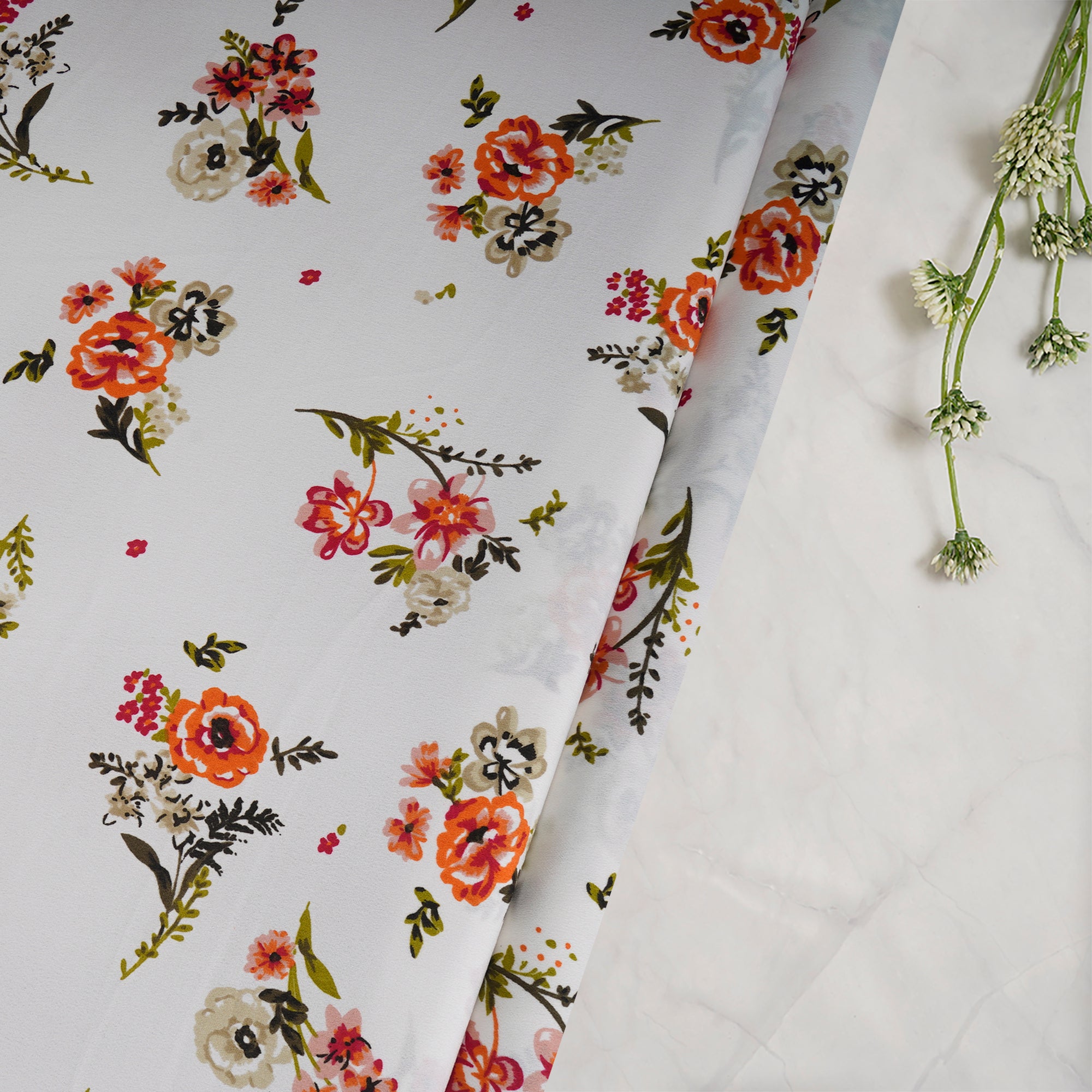 White Floral Pattern Printed Crepe Fabric