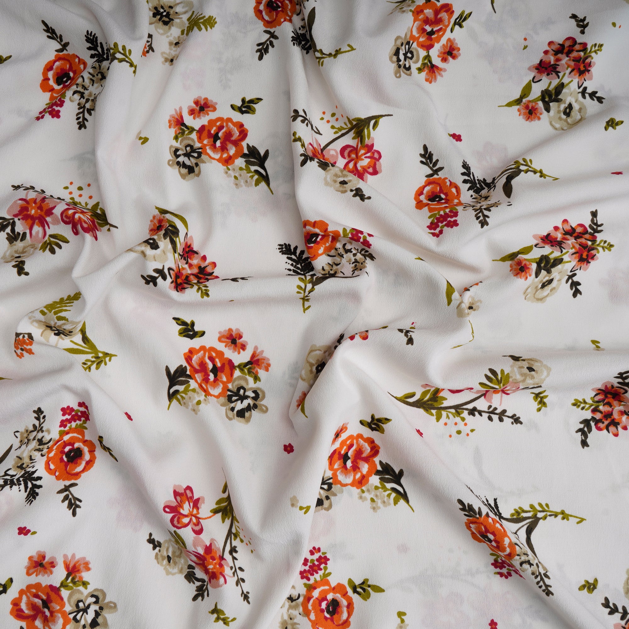 White Floral Pattern Printed Crepe Fabric