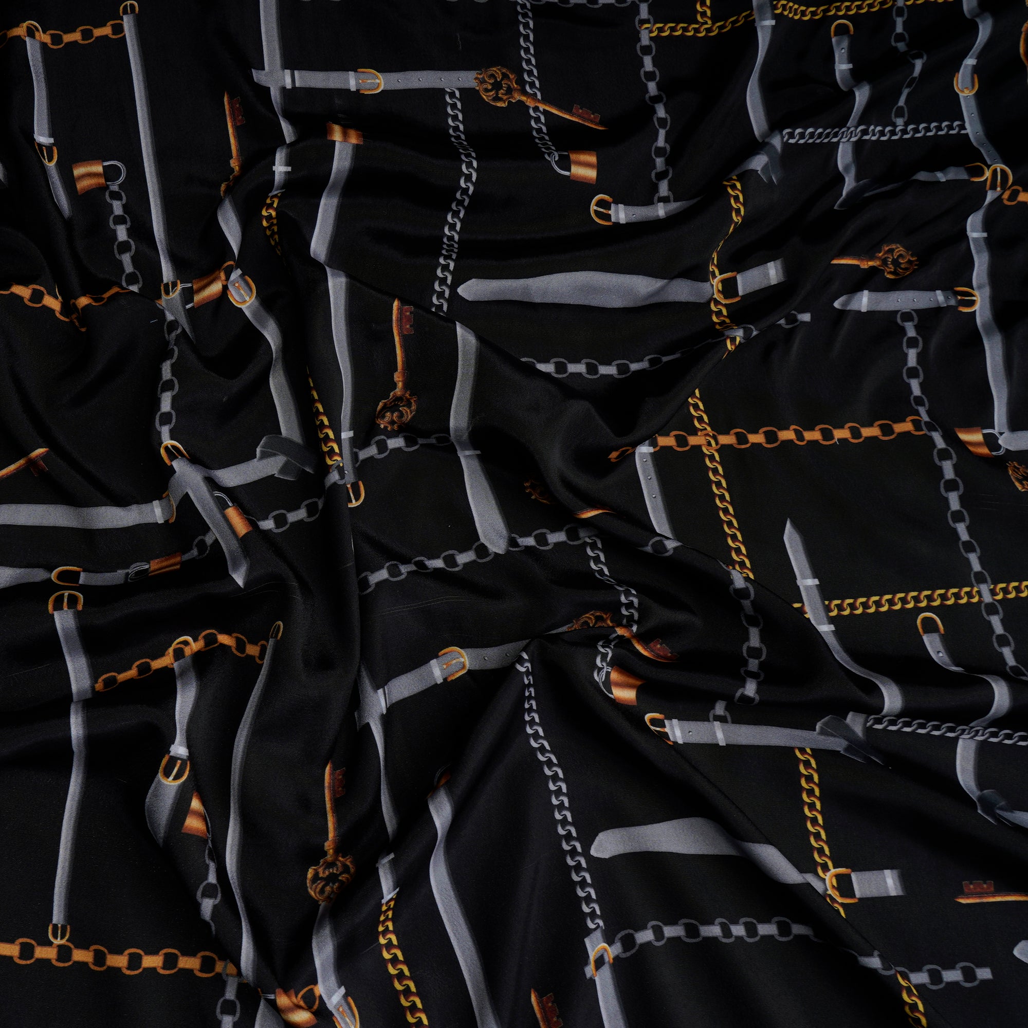 Black Animated Pattern Printed Crepe Fabric