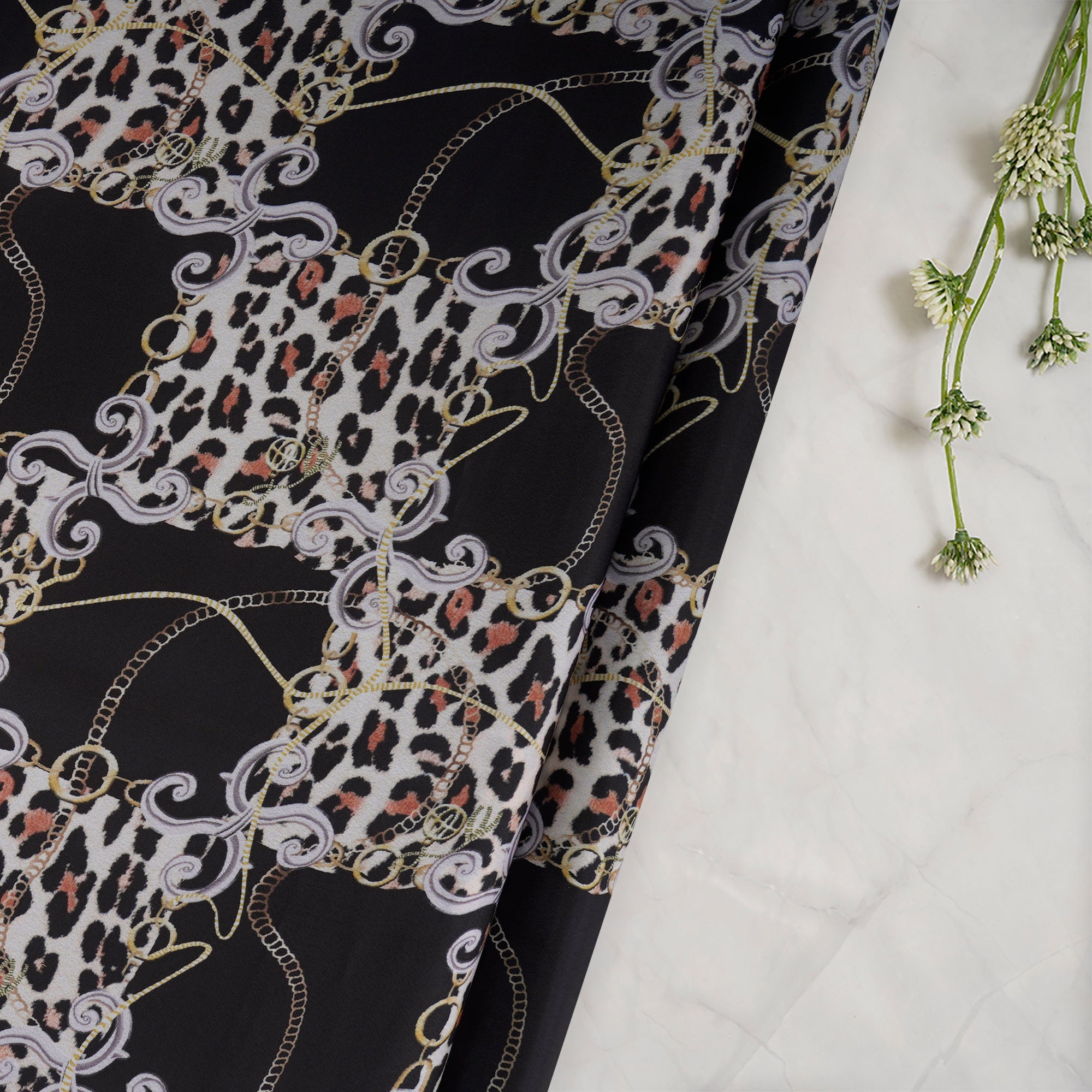 Black Animated Pattern Printed Crepe Fabric