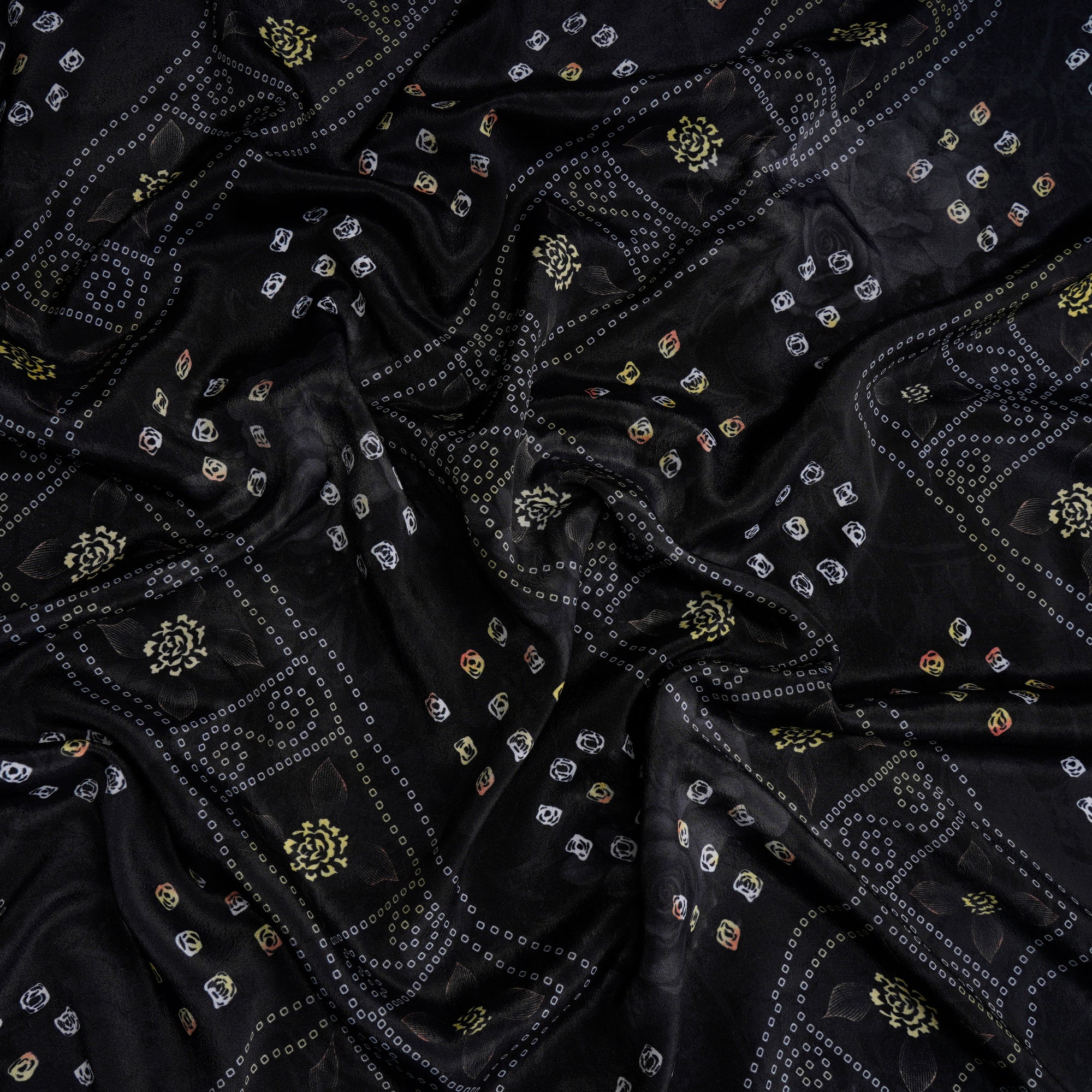 Dark Grey Bandhani Pattern Printed Crepe Fabric