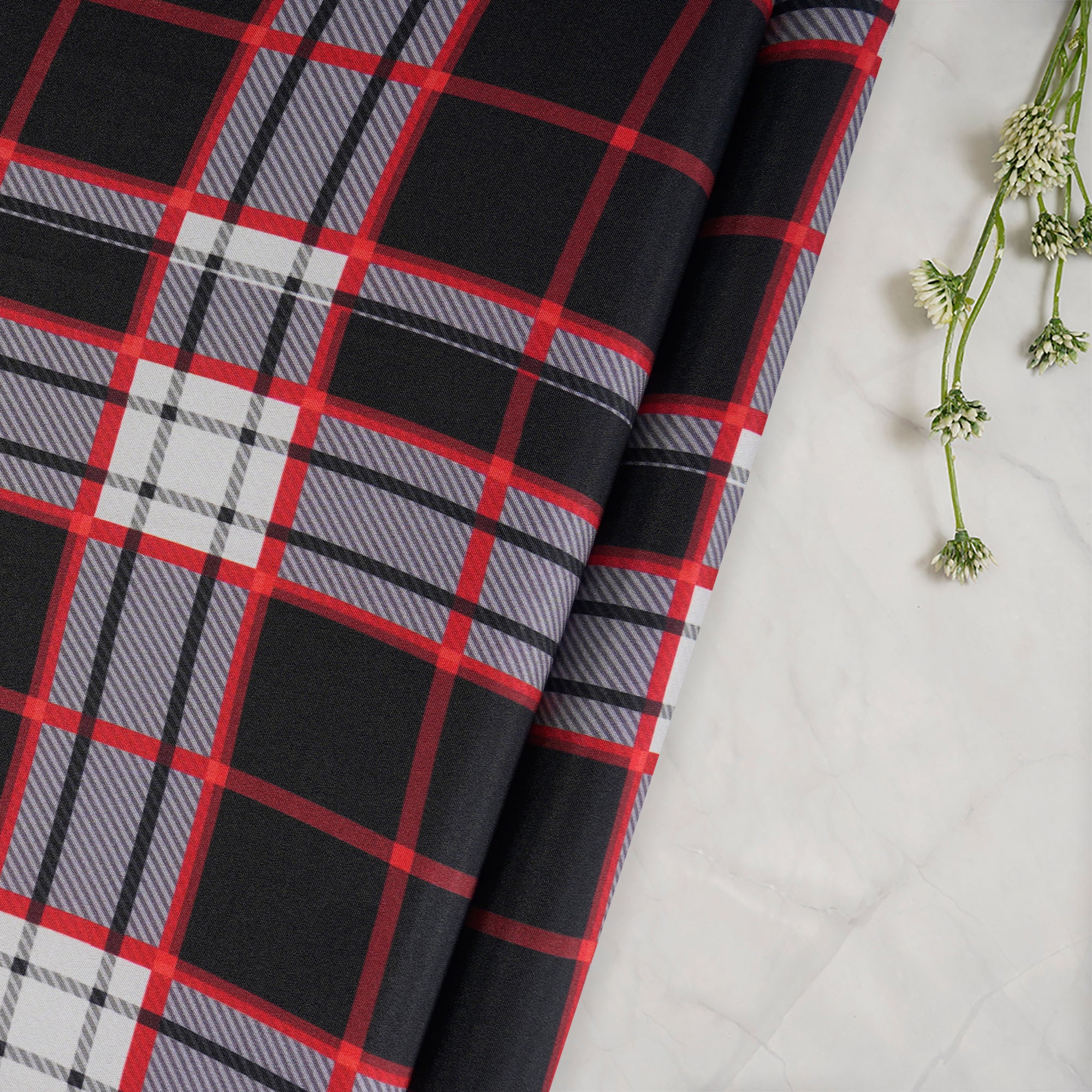 Black Check Pattern Printed Crepe Fabric