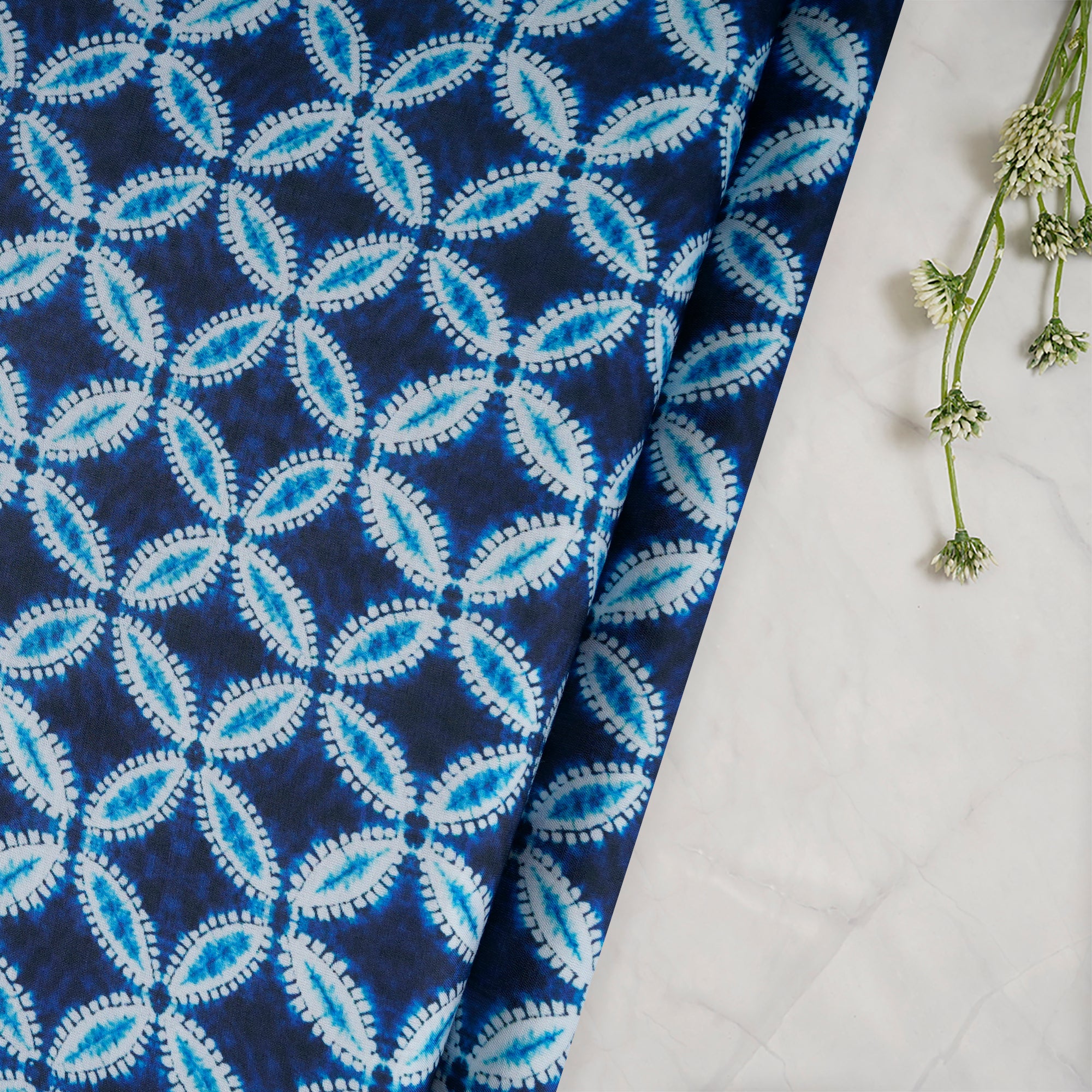 Dark Blue All Over Pattern Printed Crepe Fabric