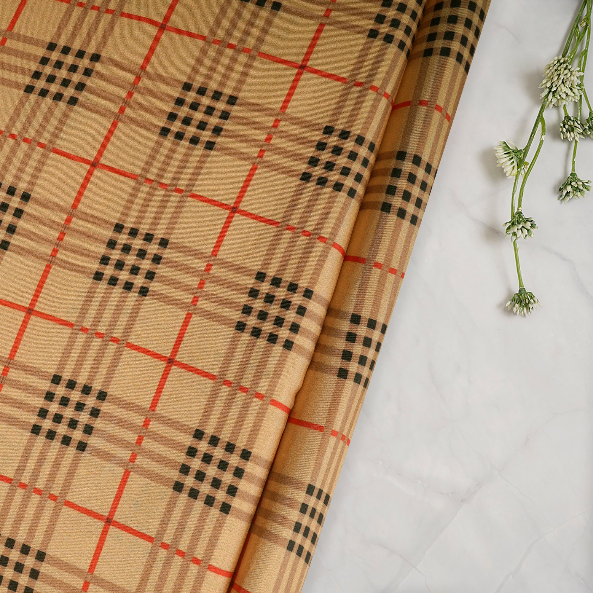 Buff Yellow Check Pattern Printed Crepe Fabric