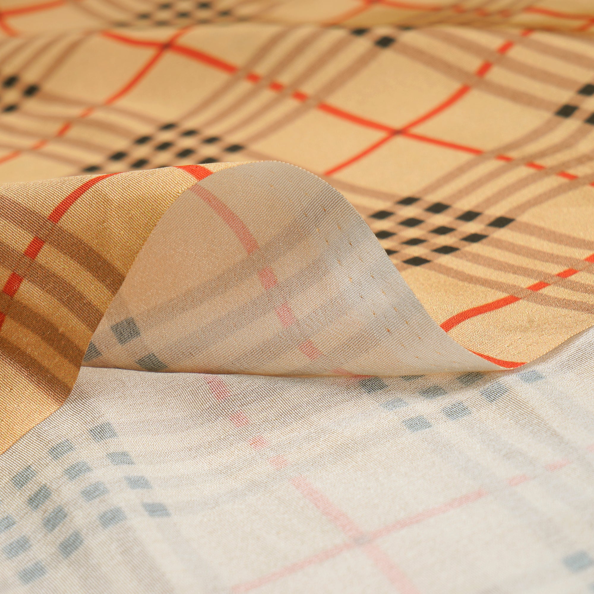 Buff Yellow Check Pattern Printed Crepe Fabric