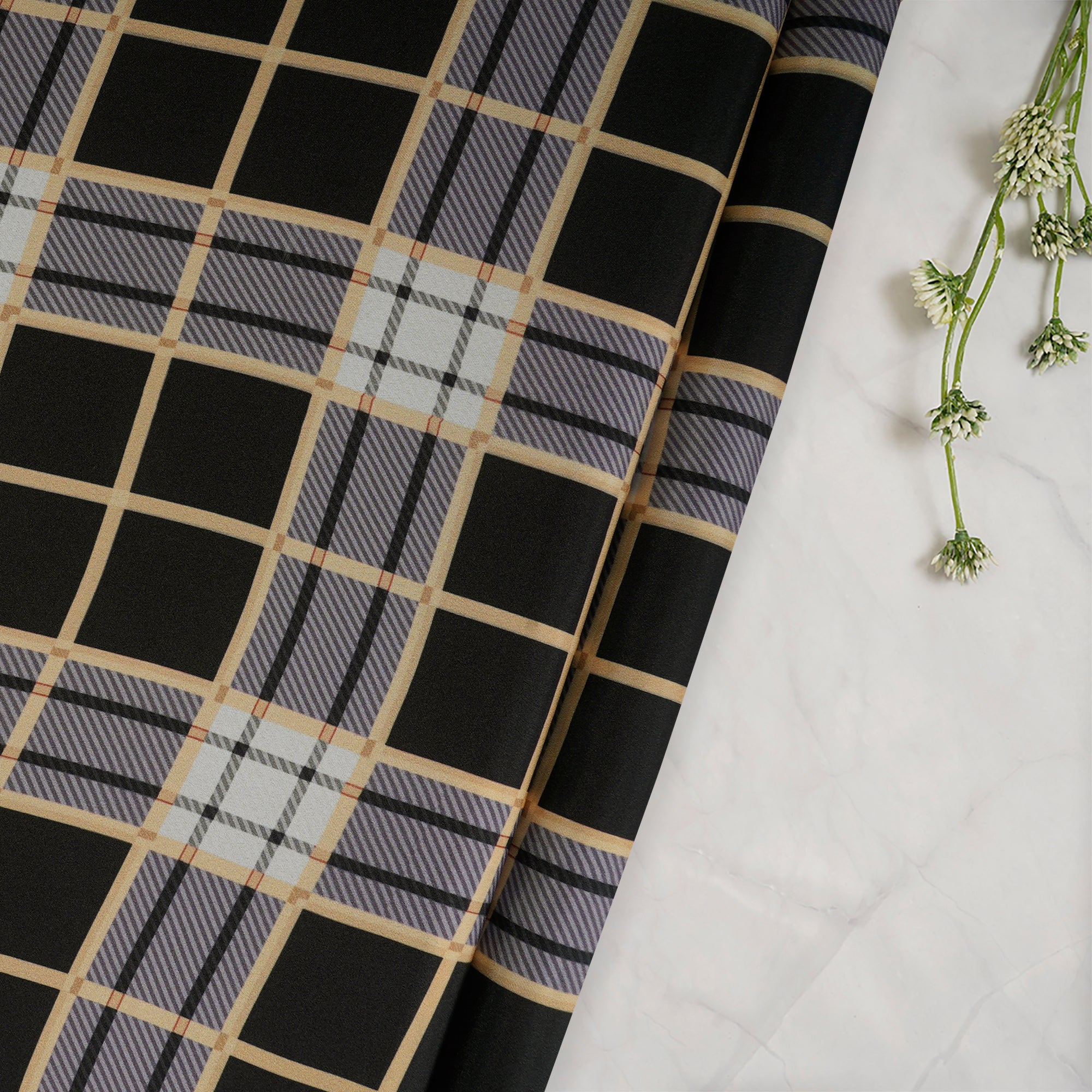 Black Check Pattern Printed Crepe Fabric