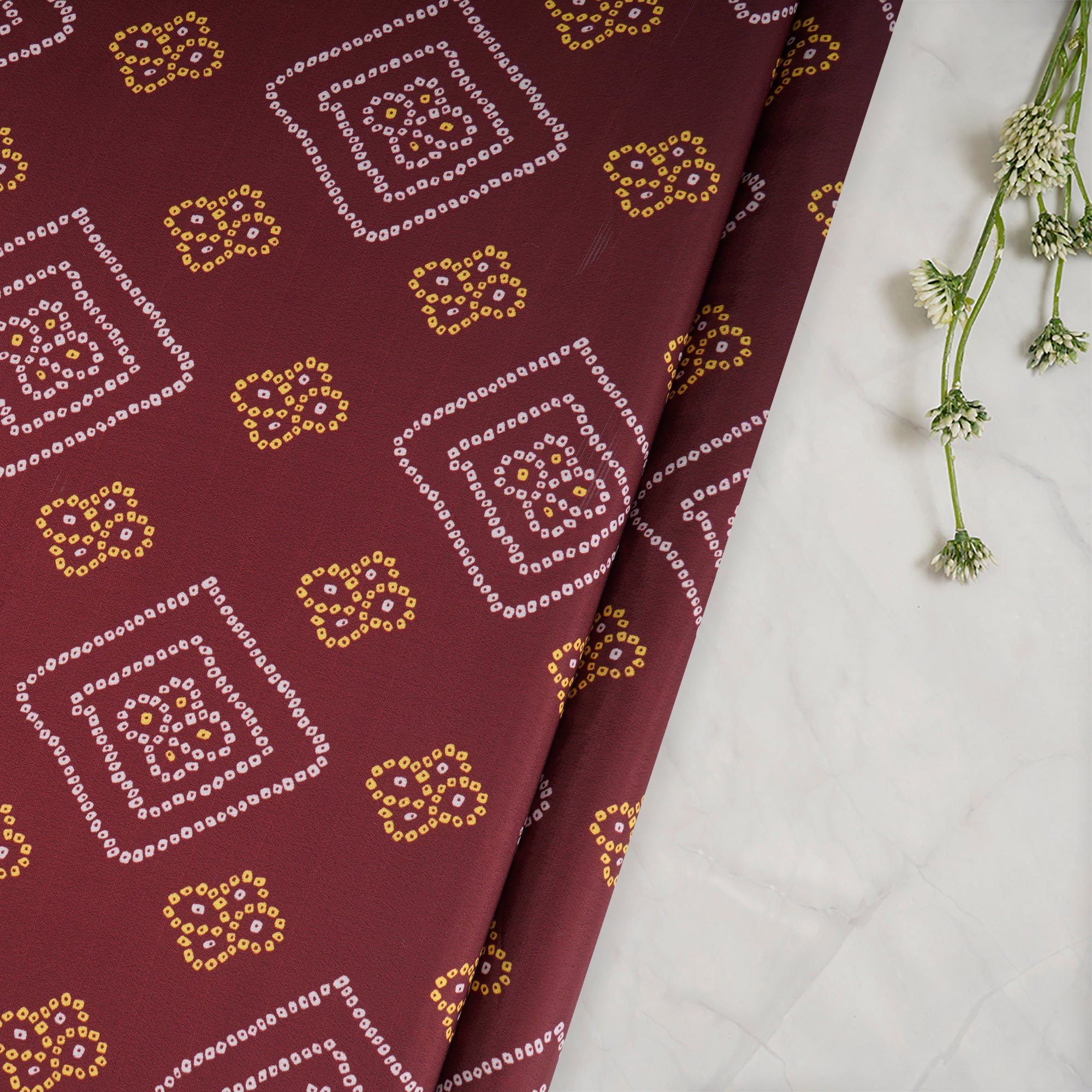 Brown Bandhani Pattern Printed Crepe Fabric