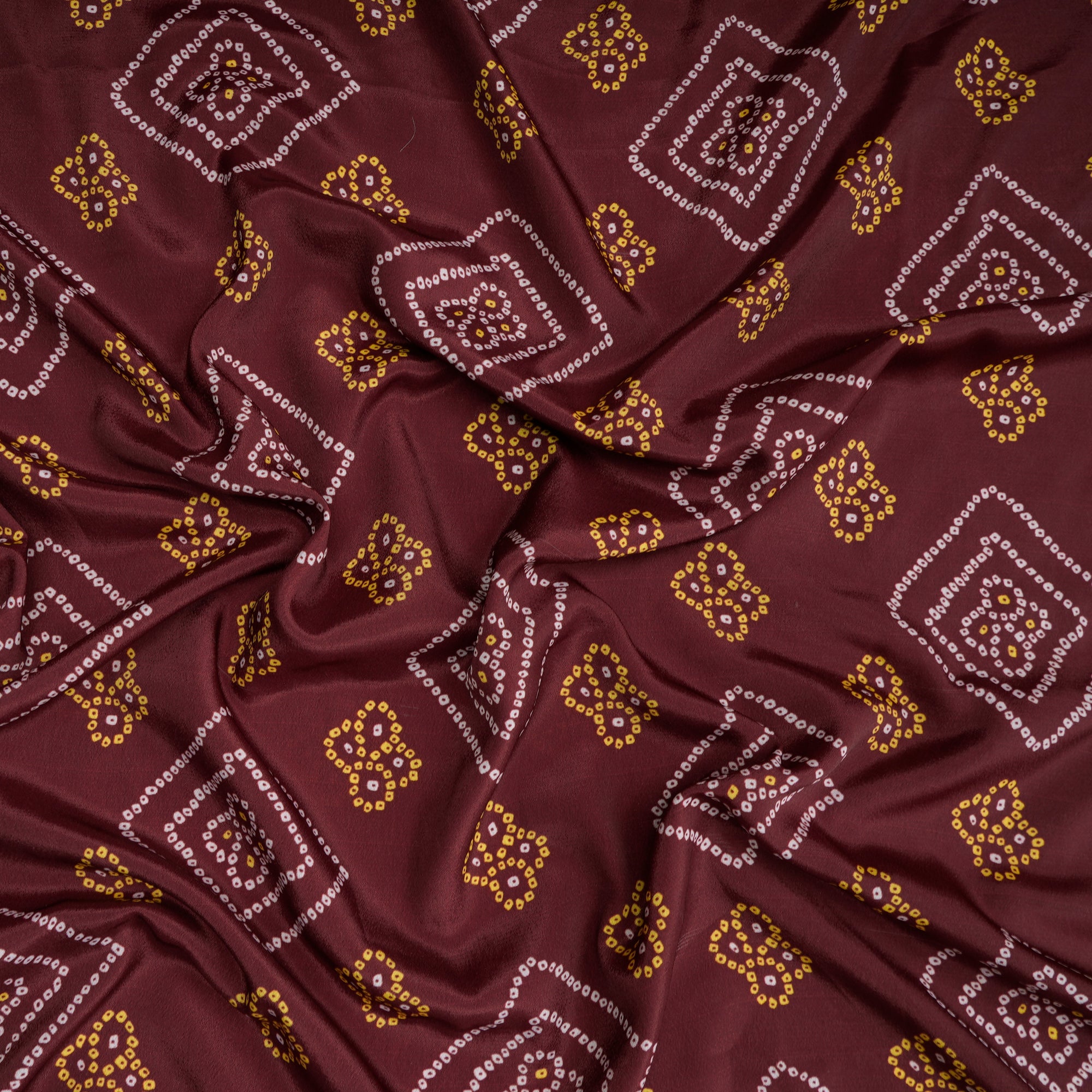 Brown Bandhani Pattern Printed Crepe Fabric