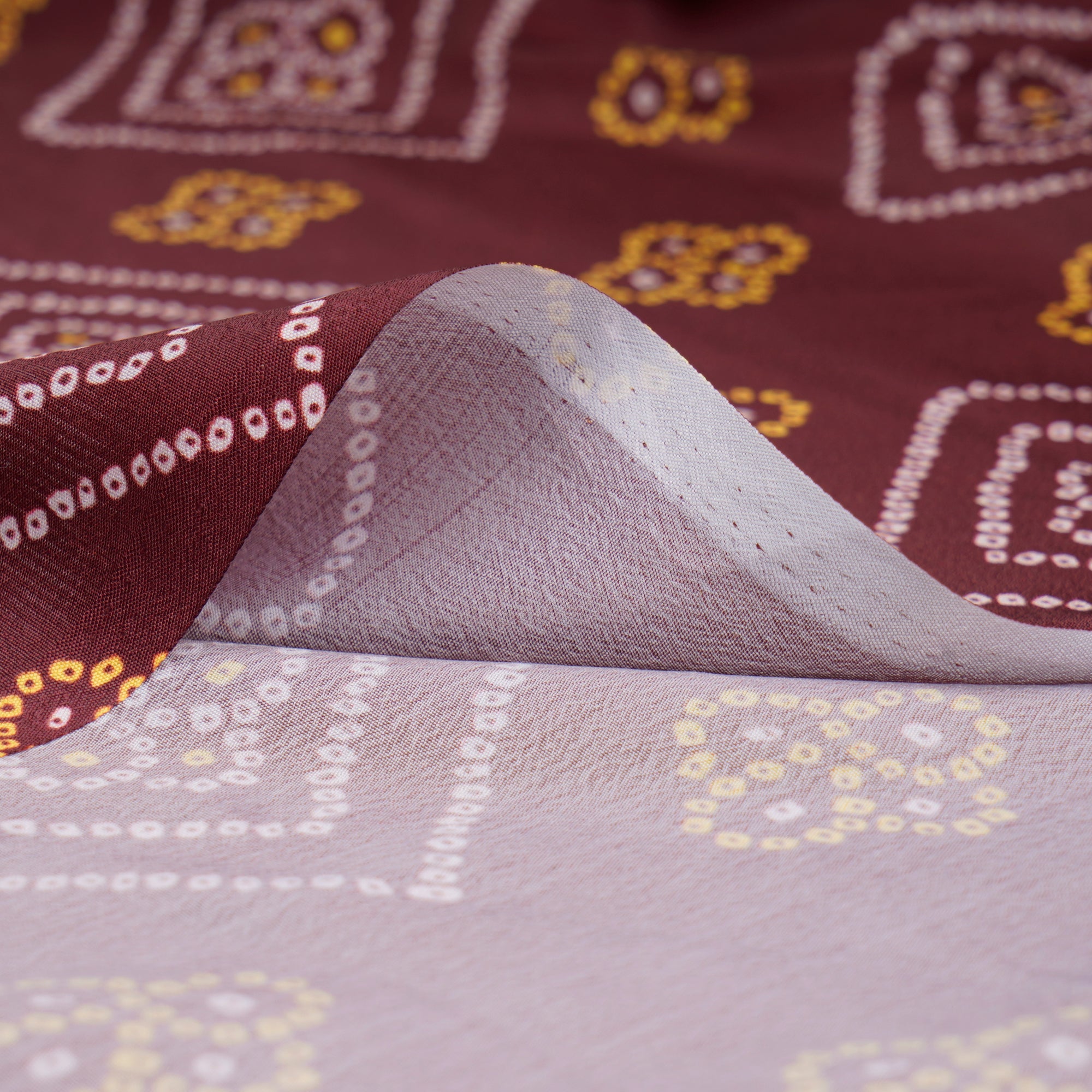 Brown Bandhani Pattern Printed Crepe Fabric