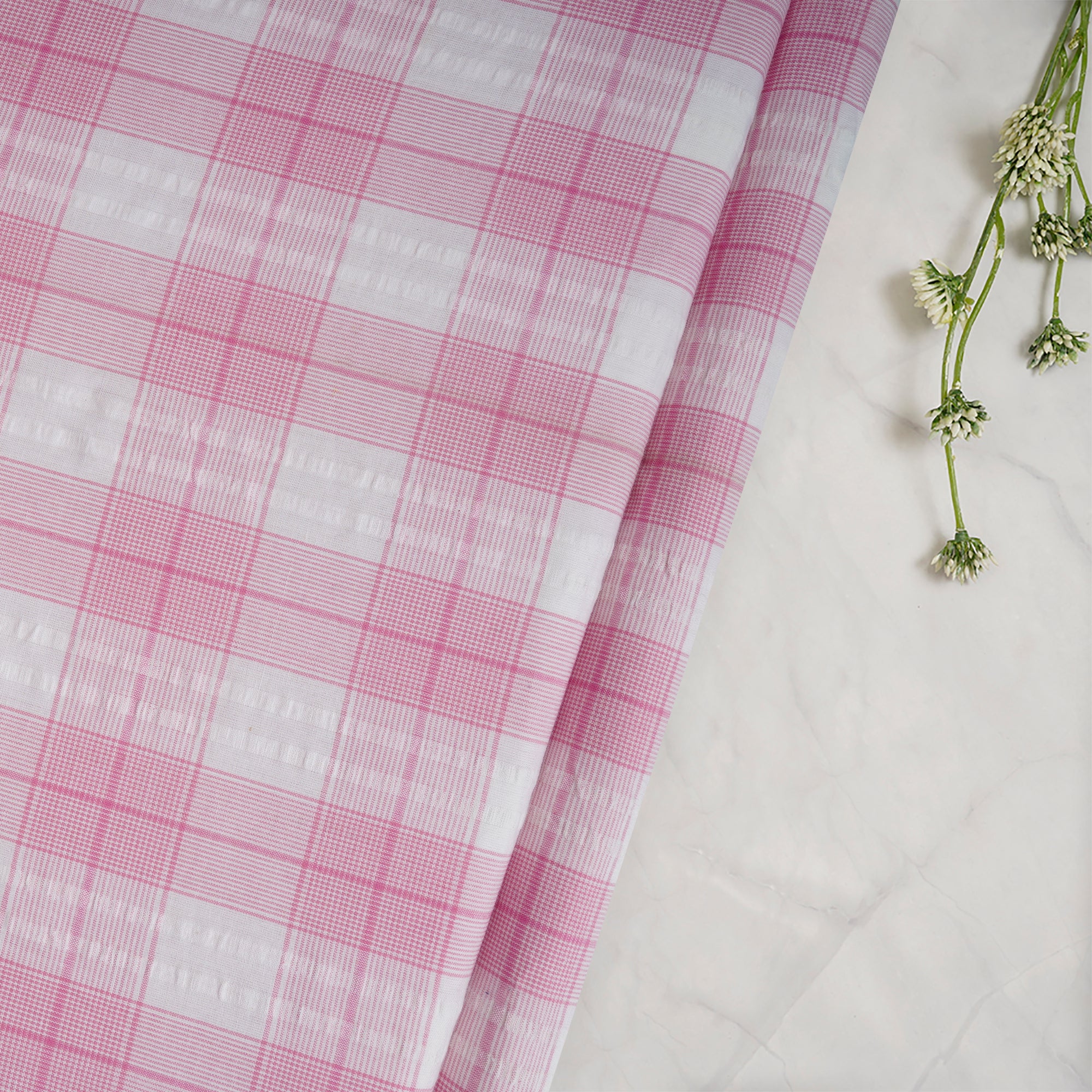 White-Pink Check Pattern Yarn Dyed Cotton Fabric