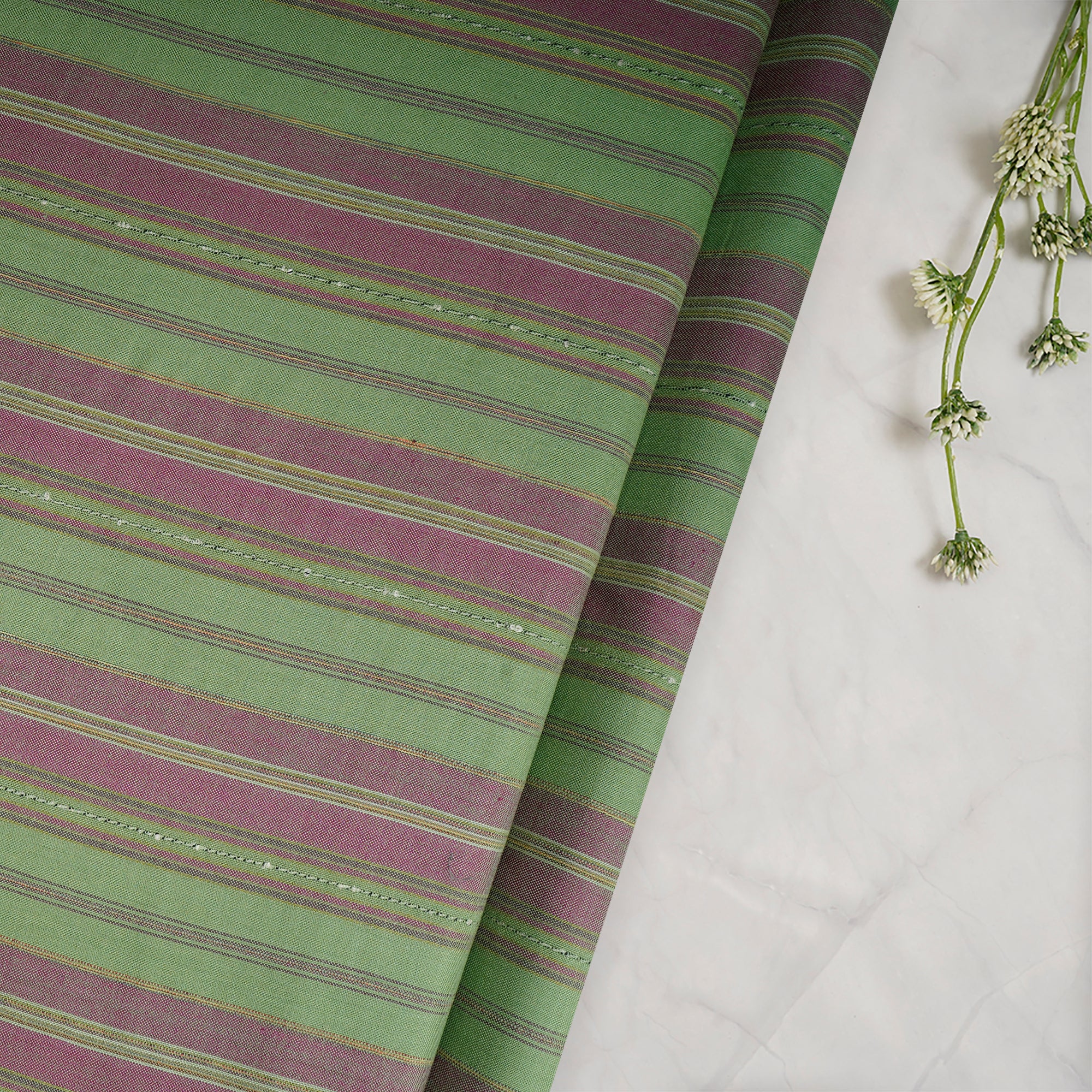 Green-Pink Stripe Pattern Yarn Dyed Cotton Fabric