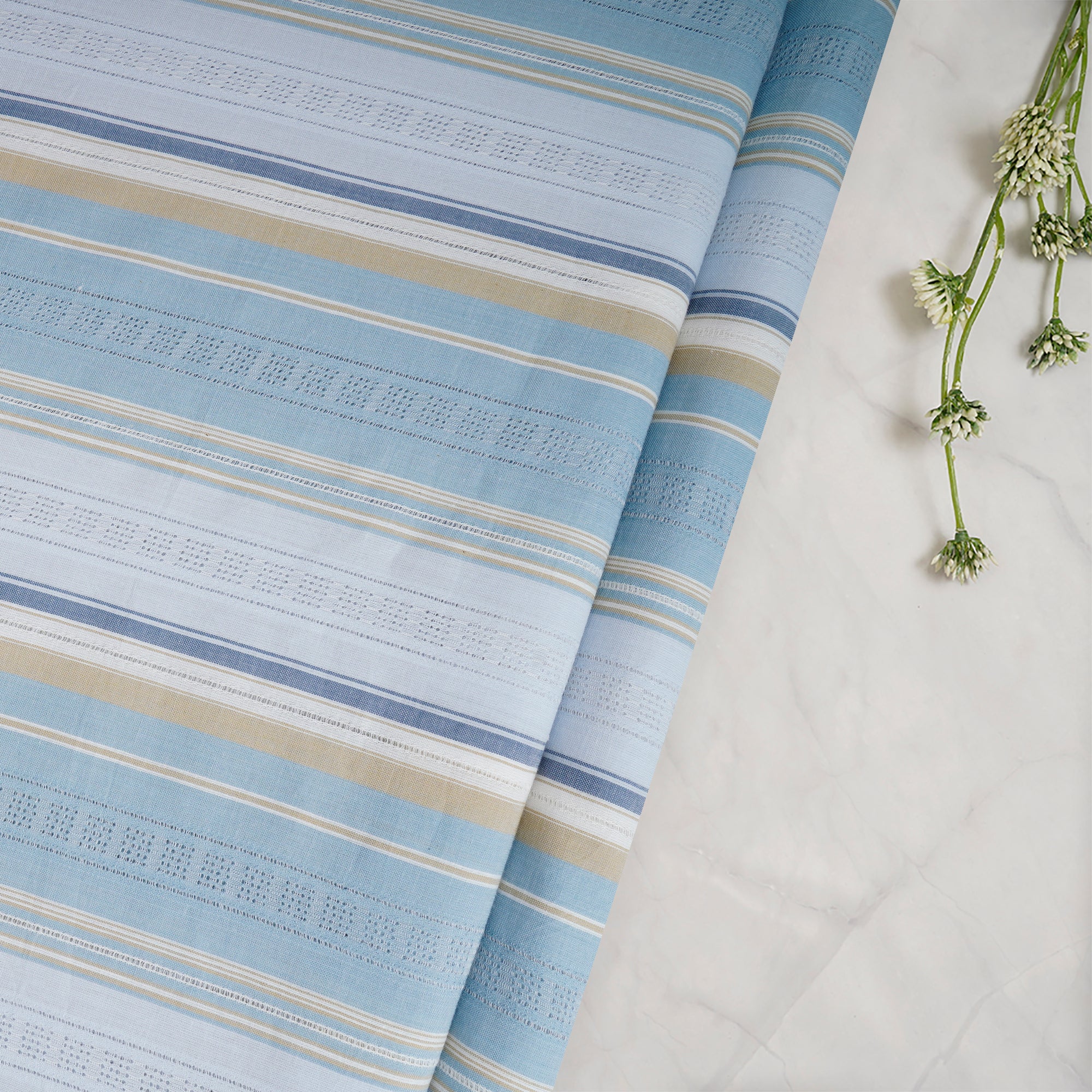 Powder Blue Stripe Pattern Yarn Dyed Cotton Fabric