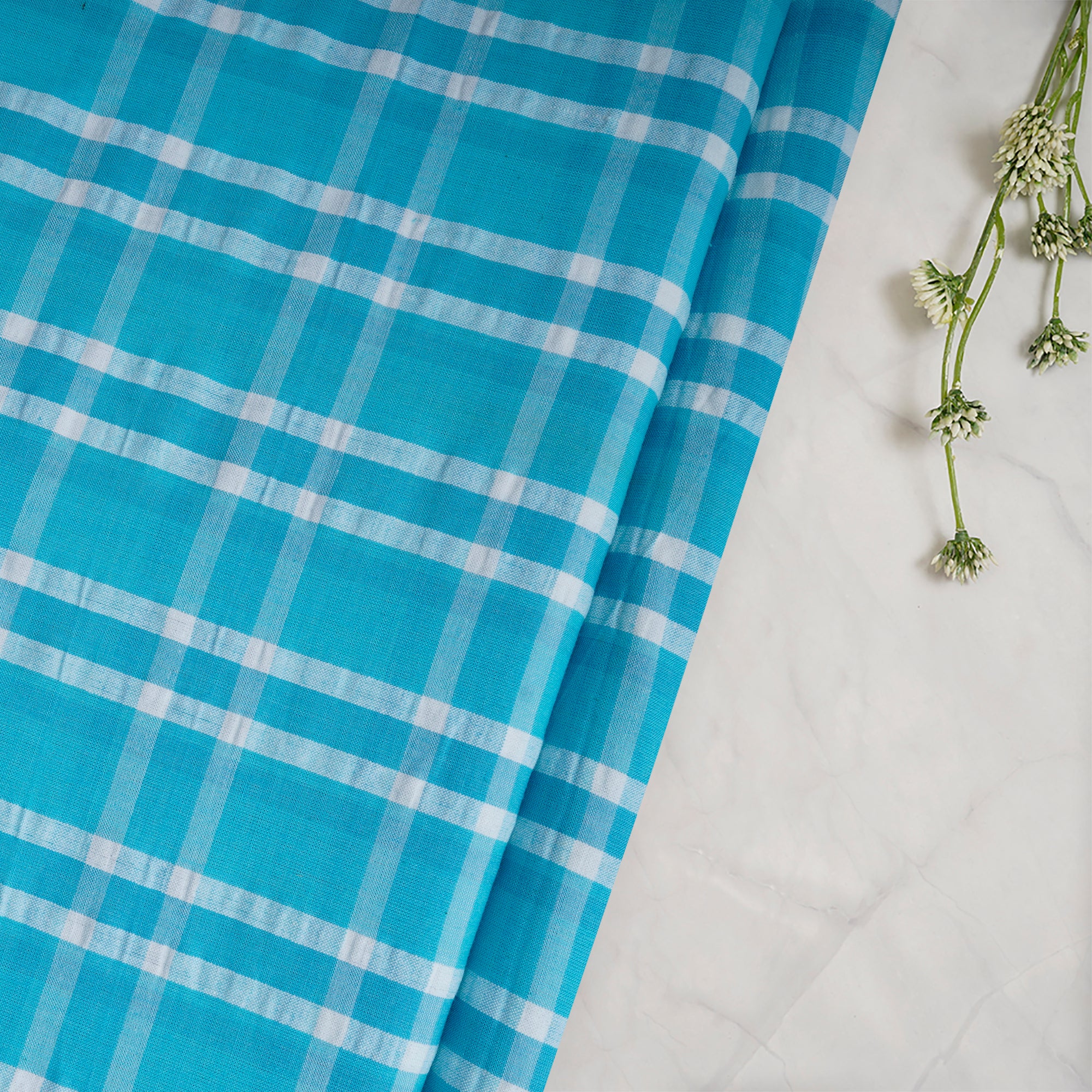 Sky Blue Check Pattern Yarn Dyed Cotton Fabric