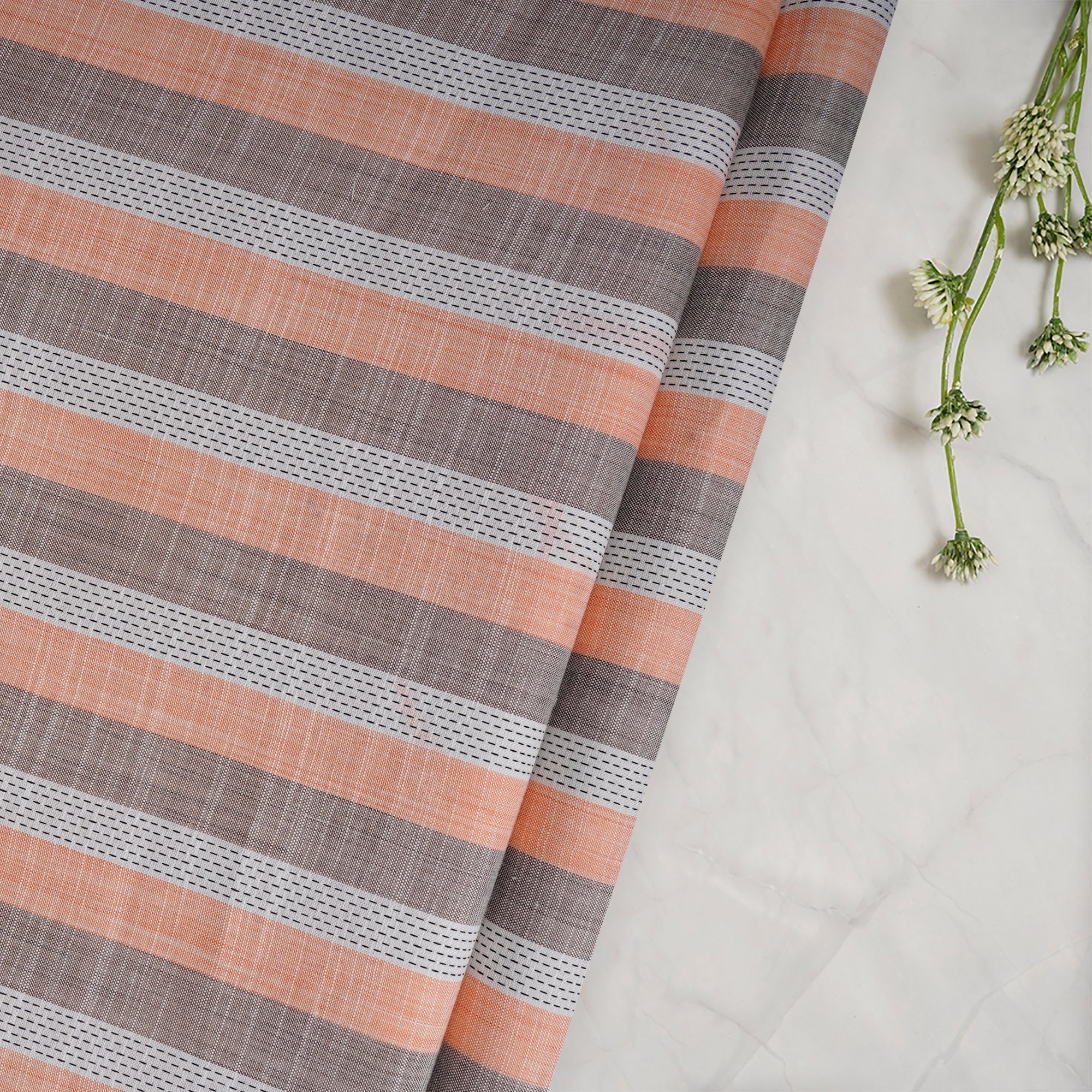 White-Peach Stripe Pattern Yarn Dyed Cotton Fabric