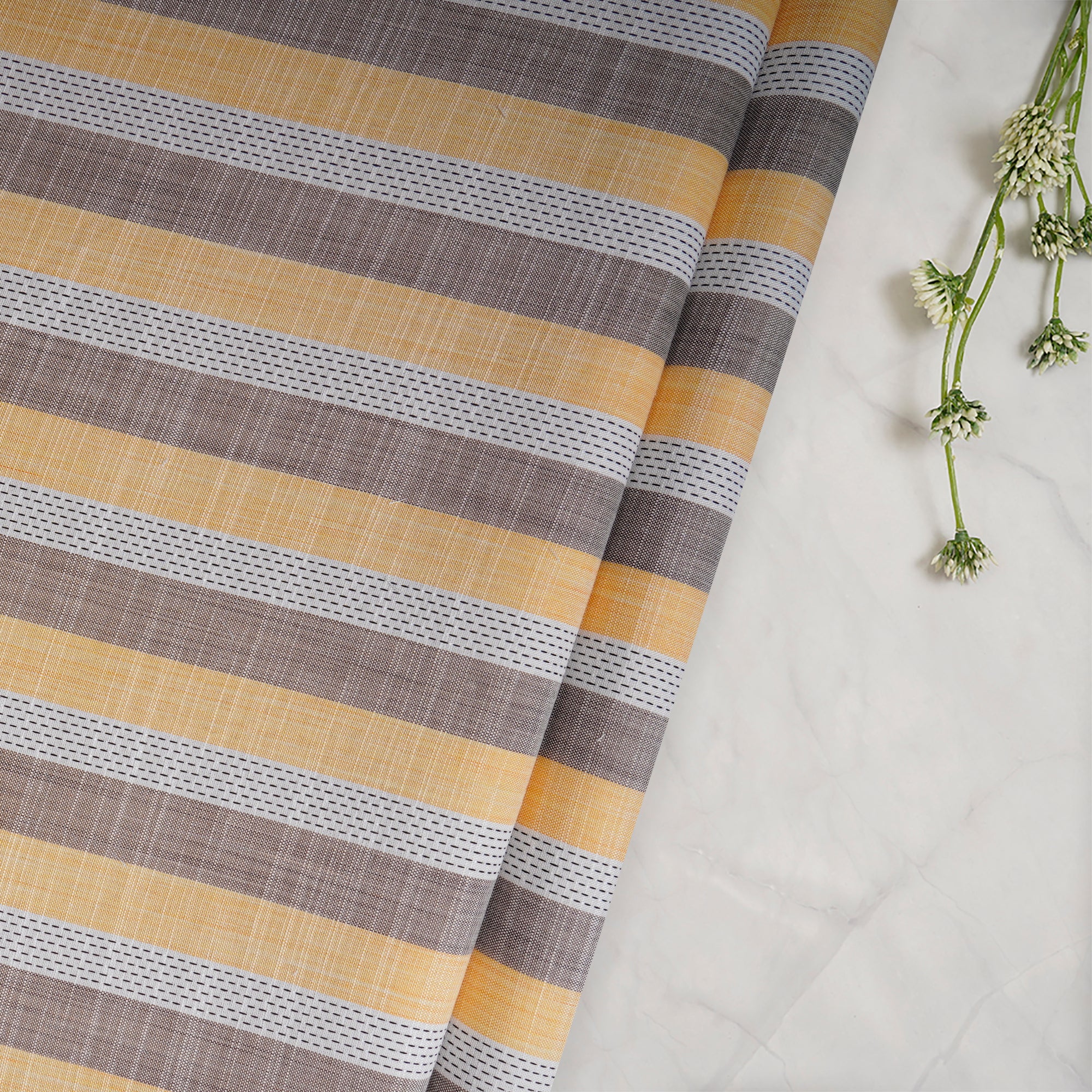 White-Yellow Stripe Pattern Yarn Dyed Cotton Fabric