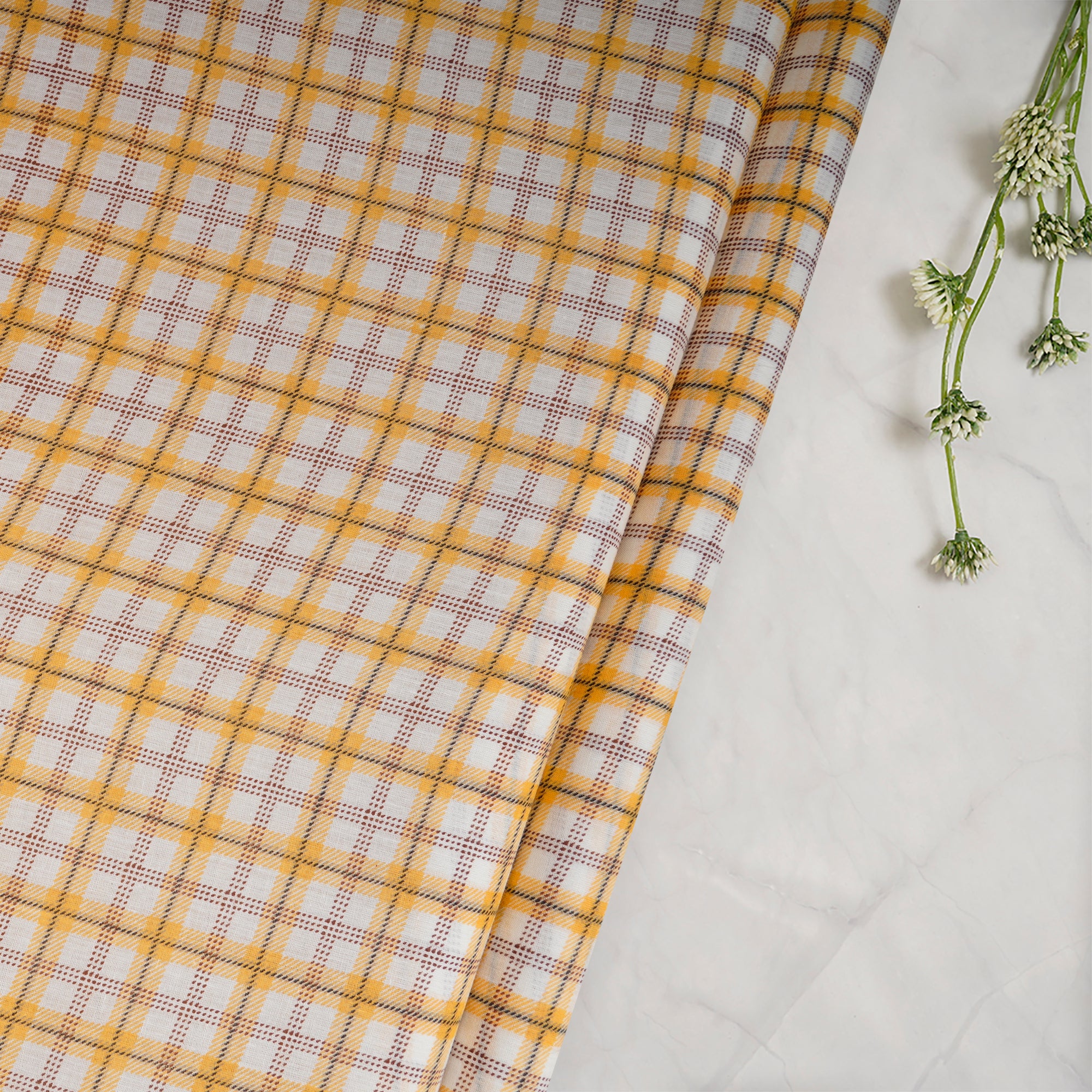 White-Yellow Check Pattern Yarn Dyed Cotton Fabric