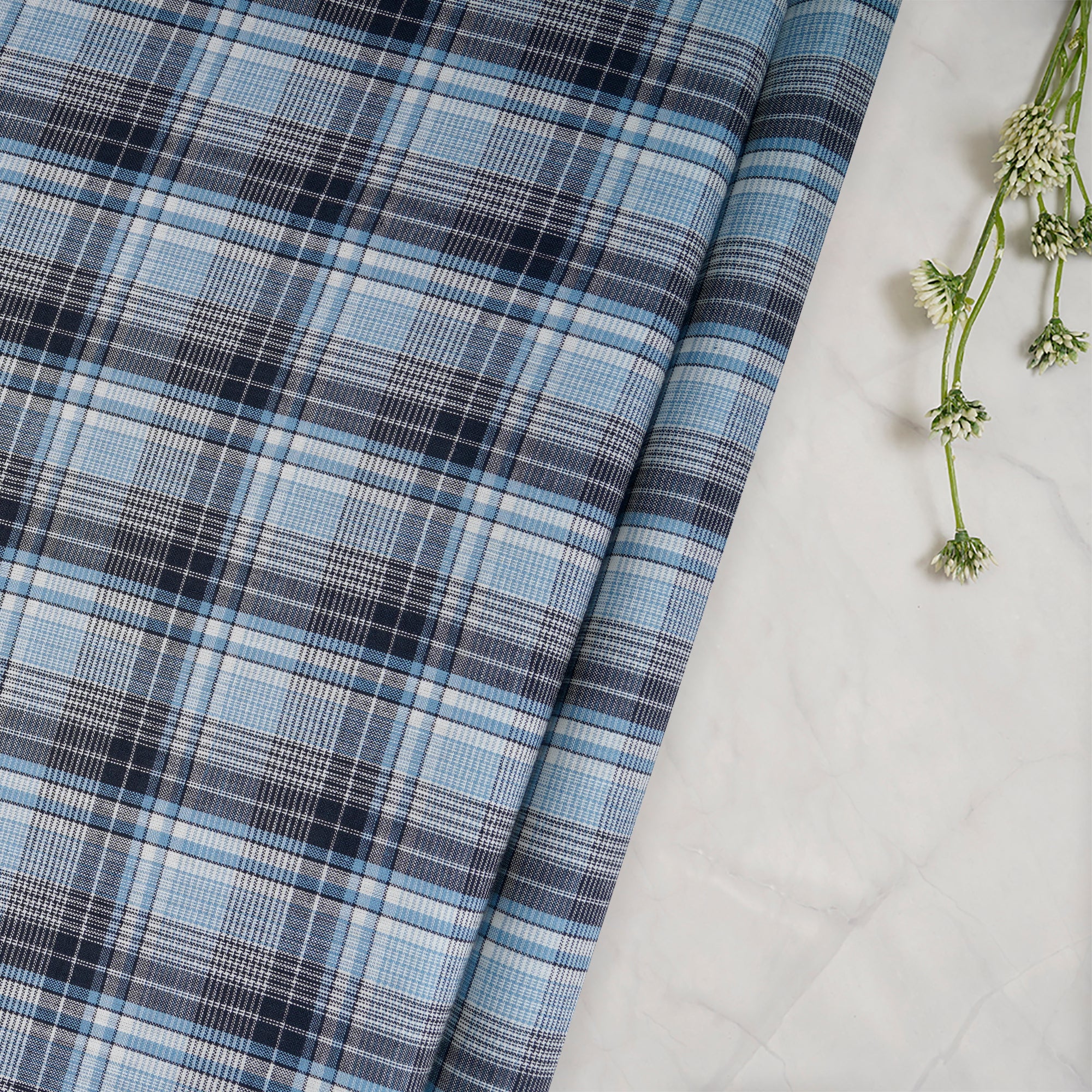 White-Blue Check Pattern Yarn Dyed Cotton Fabric