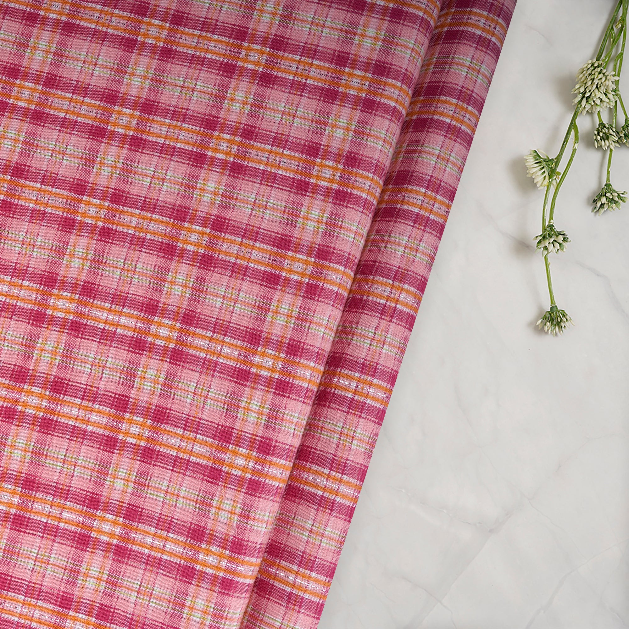 Light Pink Check Pattern Yarn Dyed Cotton Fabric