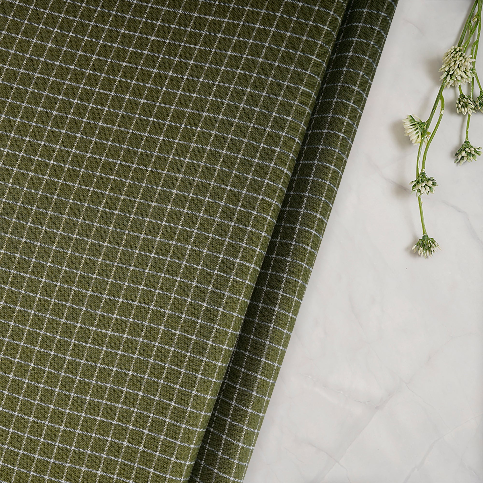 Olive Green Check Pattern Yarn Dyed Cotton Fabric