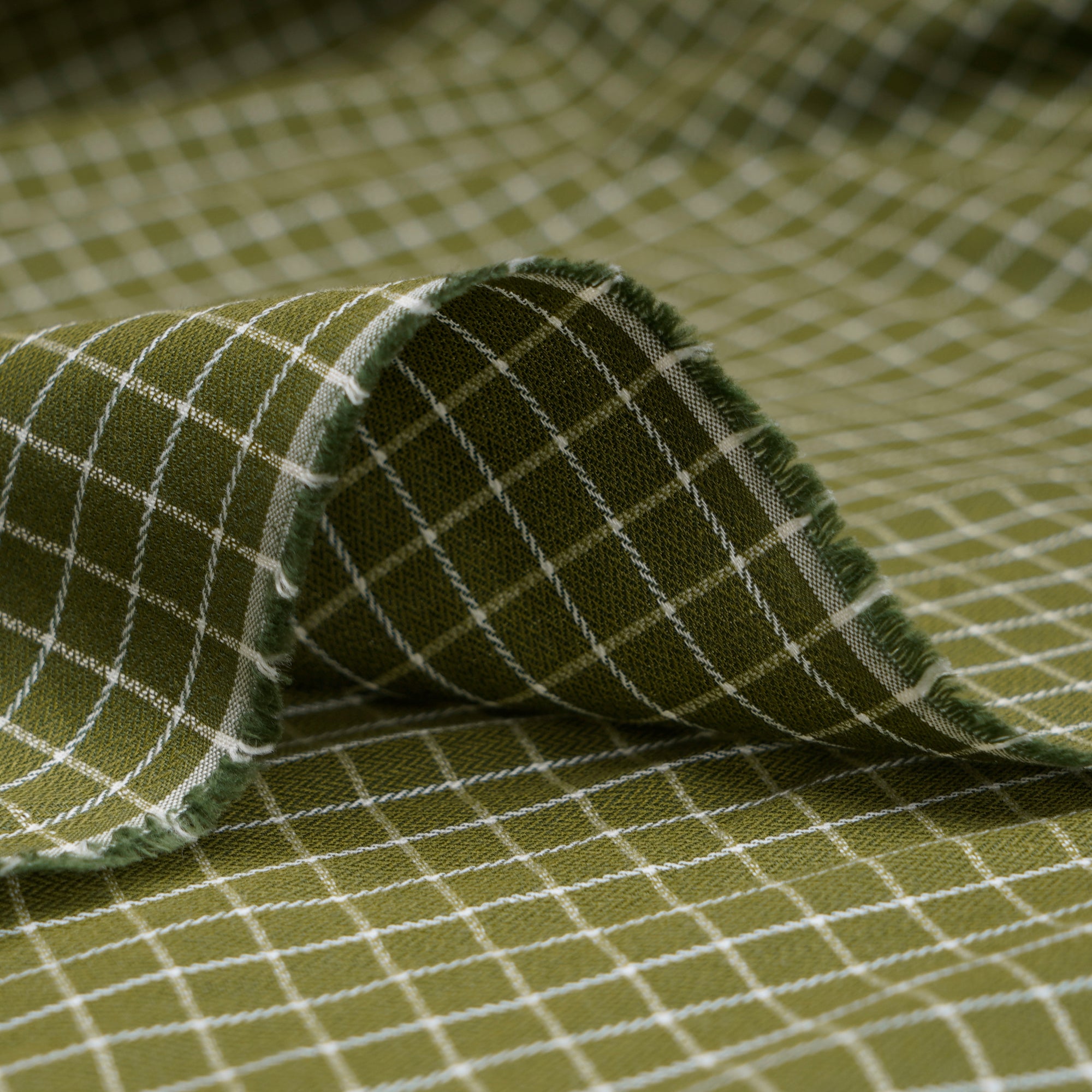 Olive Green Check Pattern Yarn Dyed Cotton Fabric