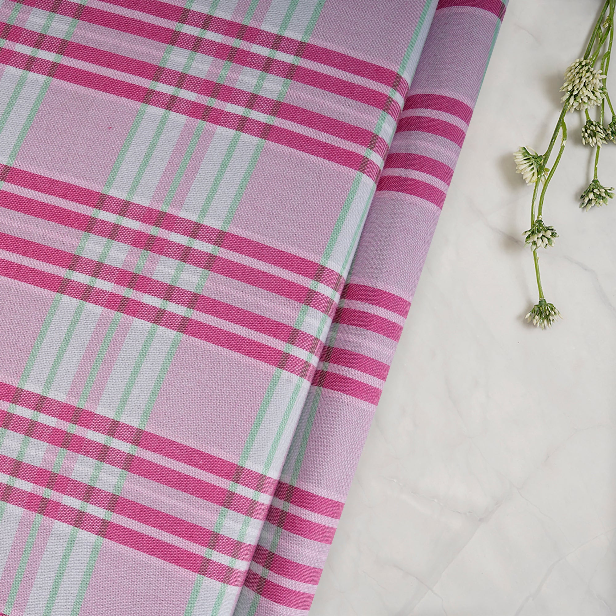 Pink Check Pattern Yarn Dyed Cotton Fabric