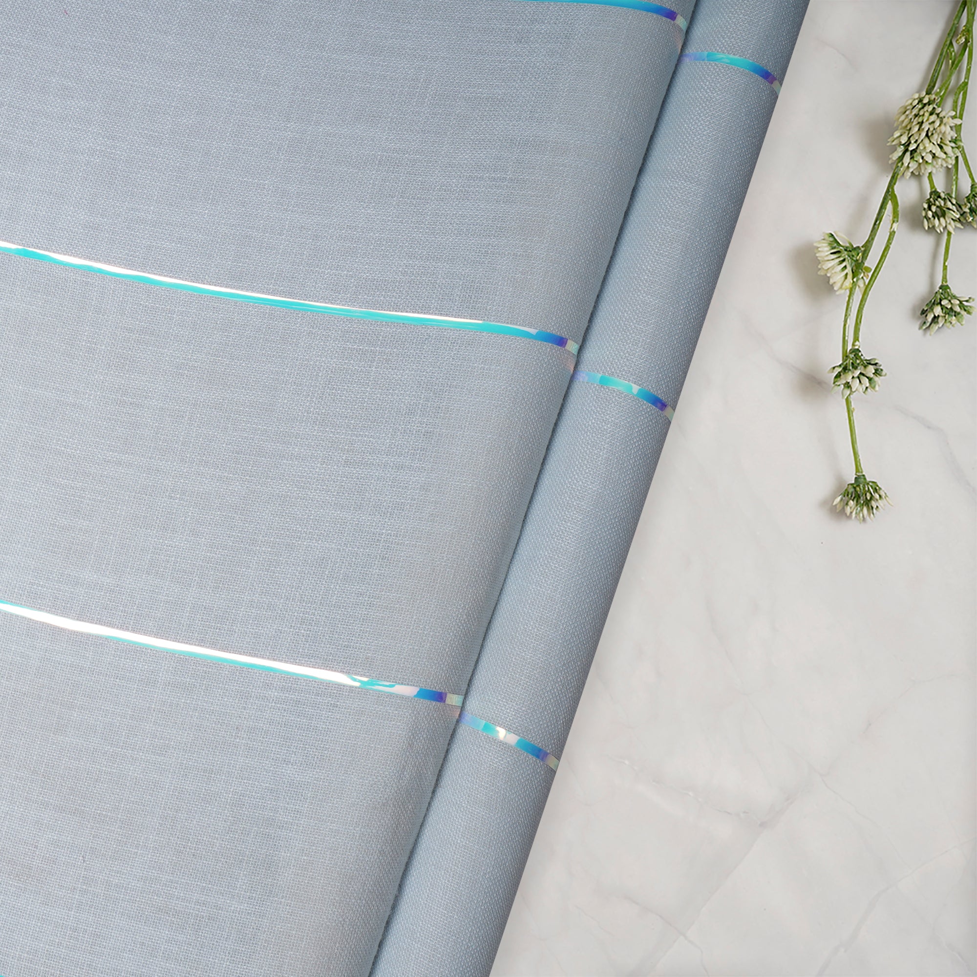 Ice Blue Metallic Stripes Linen Fabric