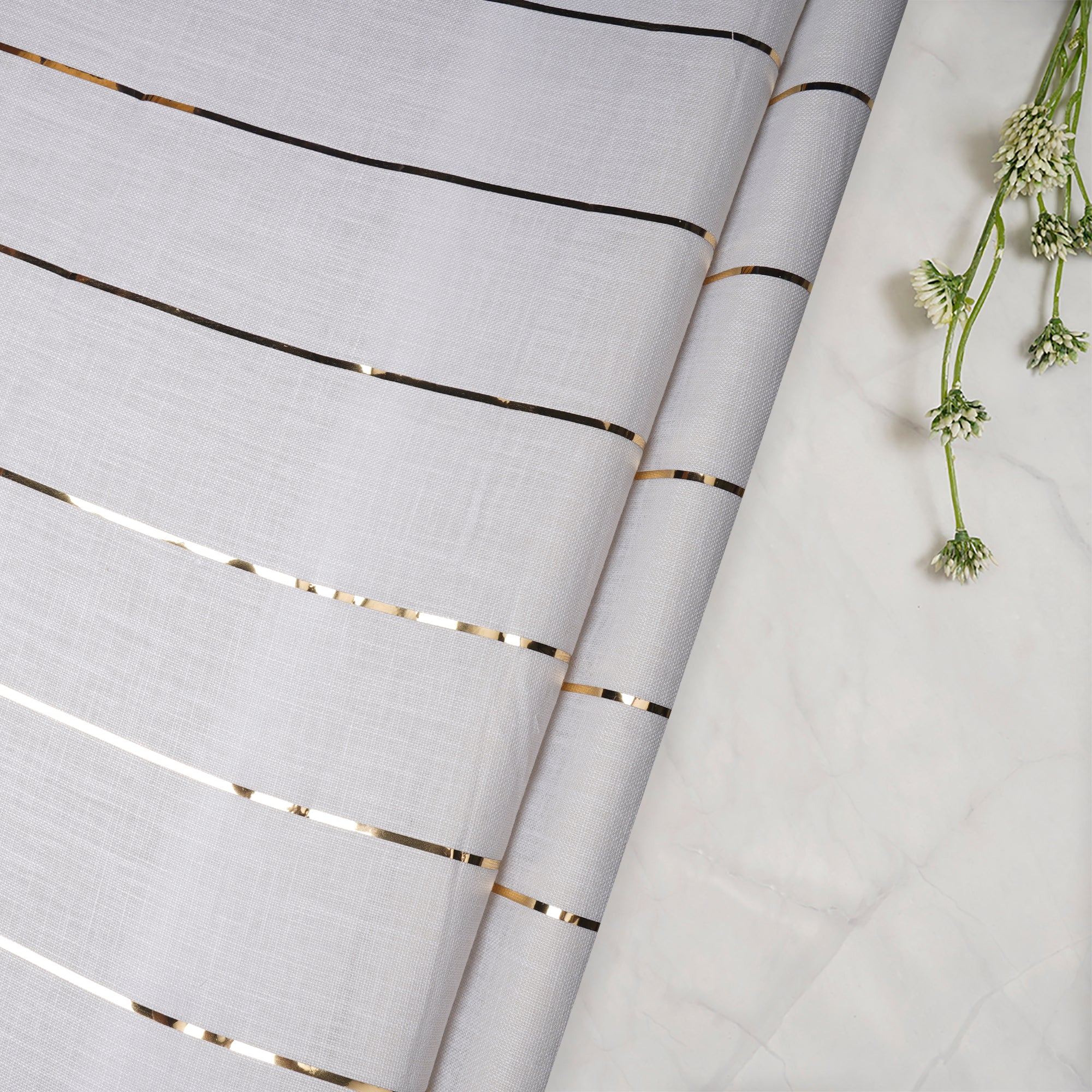 White-Gold Stripe Pattern Linen Fabric