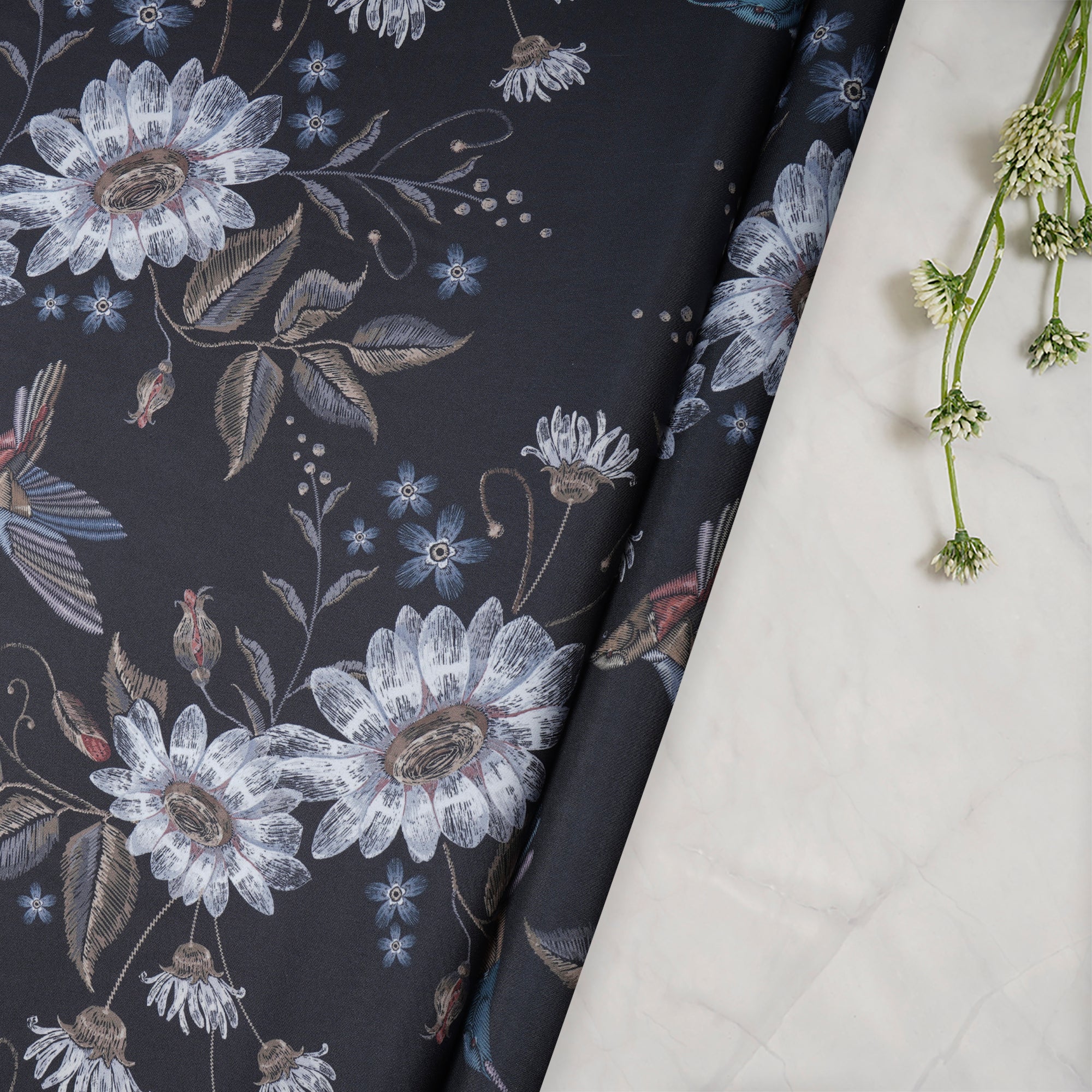 Black Floral Pattern Printed Crepe Fabric