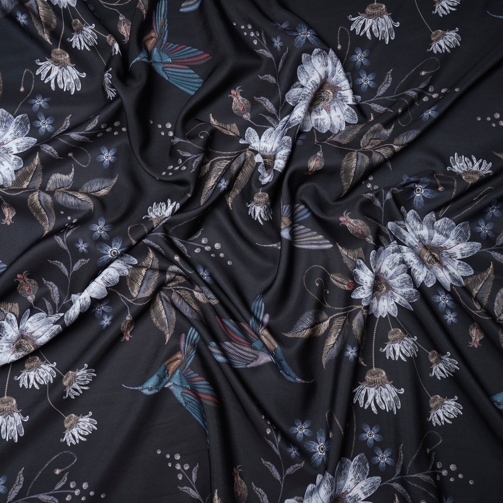 Black Floral Pattern Printed Crepe Fabric