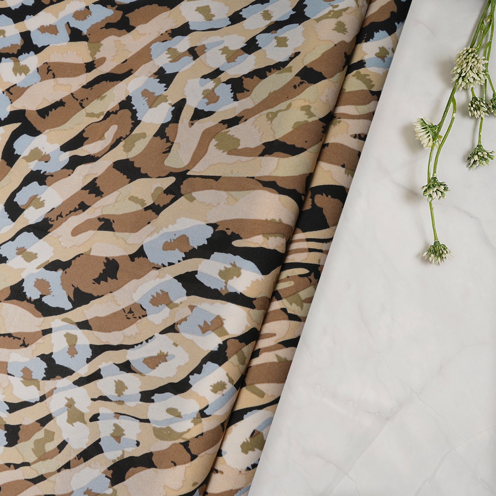 Beige Abstract Pattern Printed Crepe Fabric