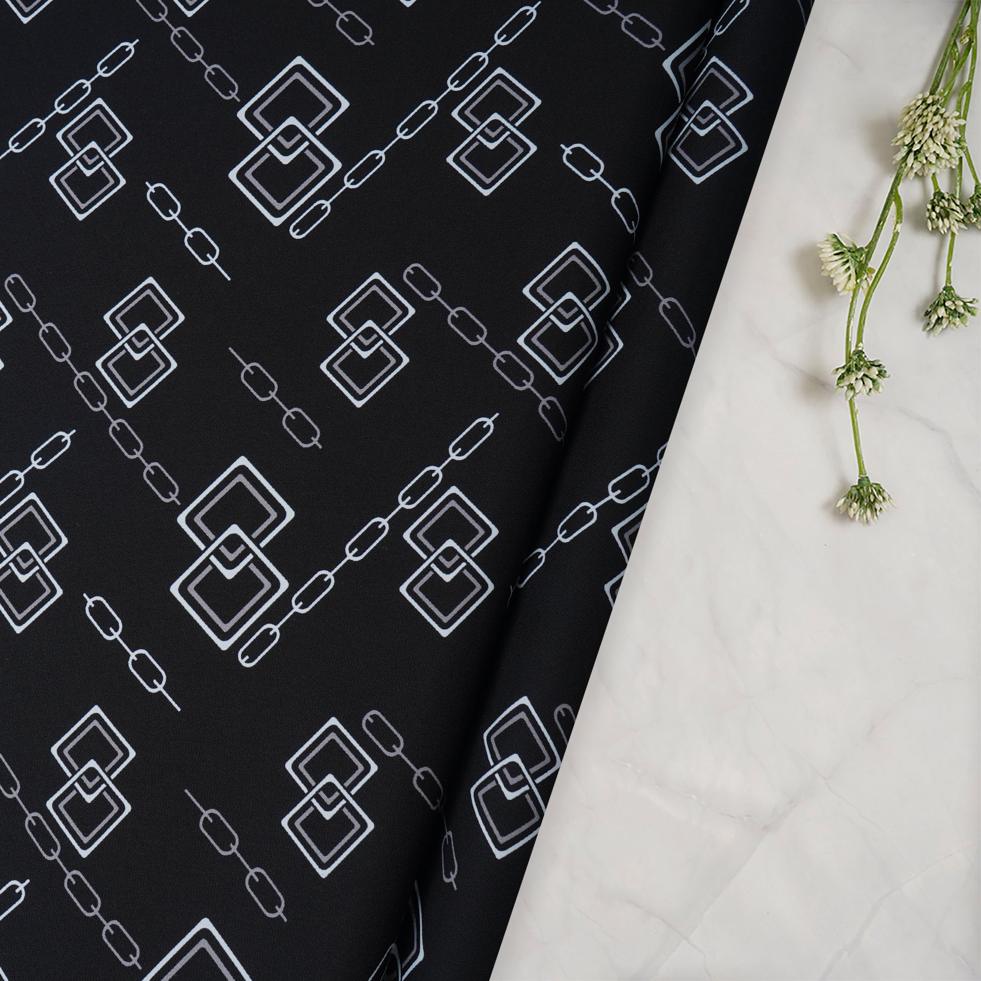 Black Geometric Pattern Printed Crepe Fabric