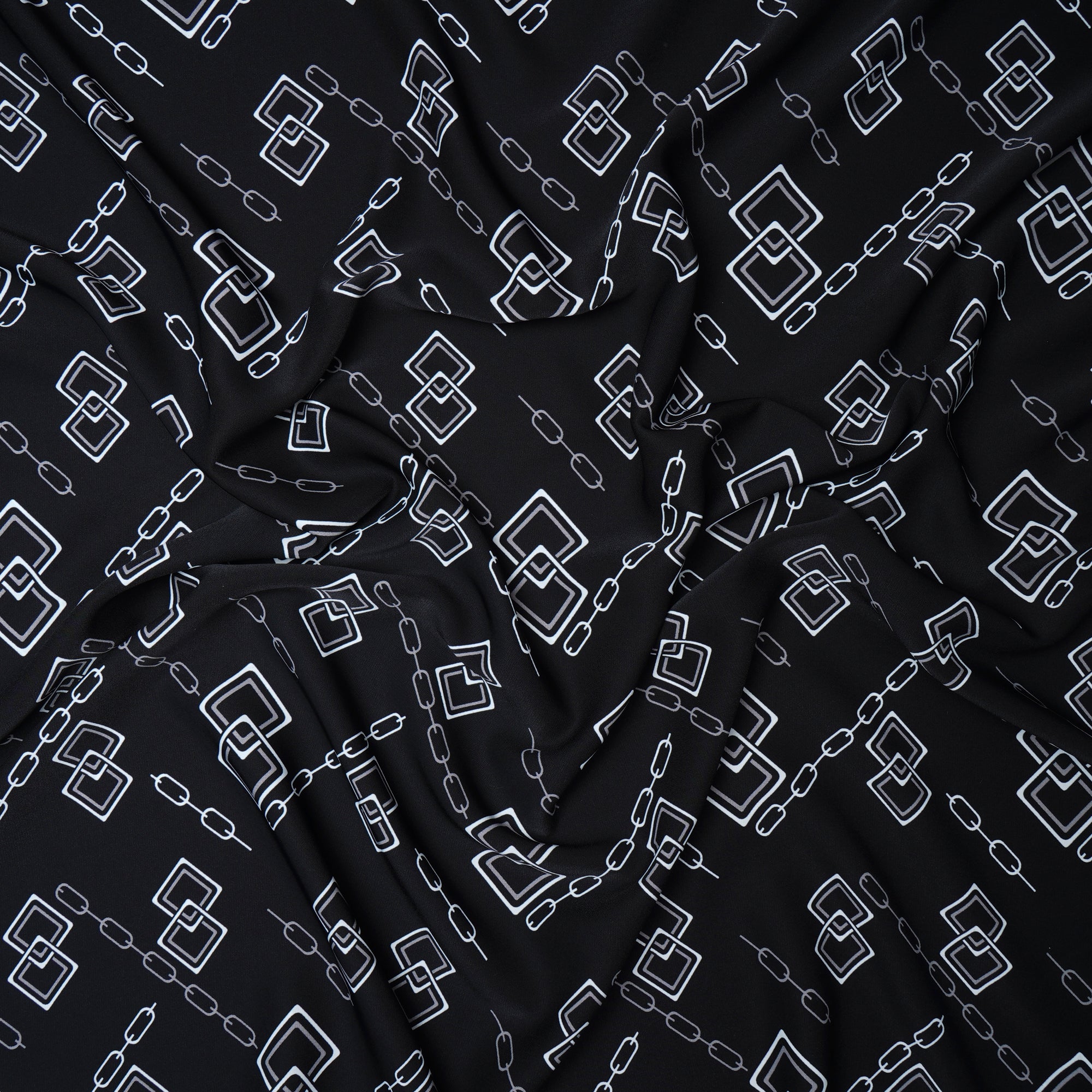 Black Geometric Pattern Printed Crepe Fabric