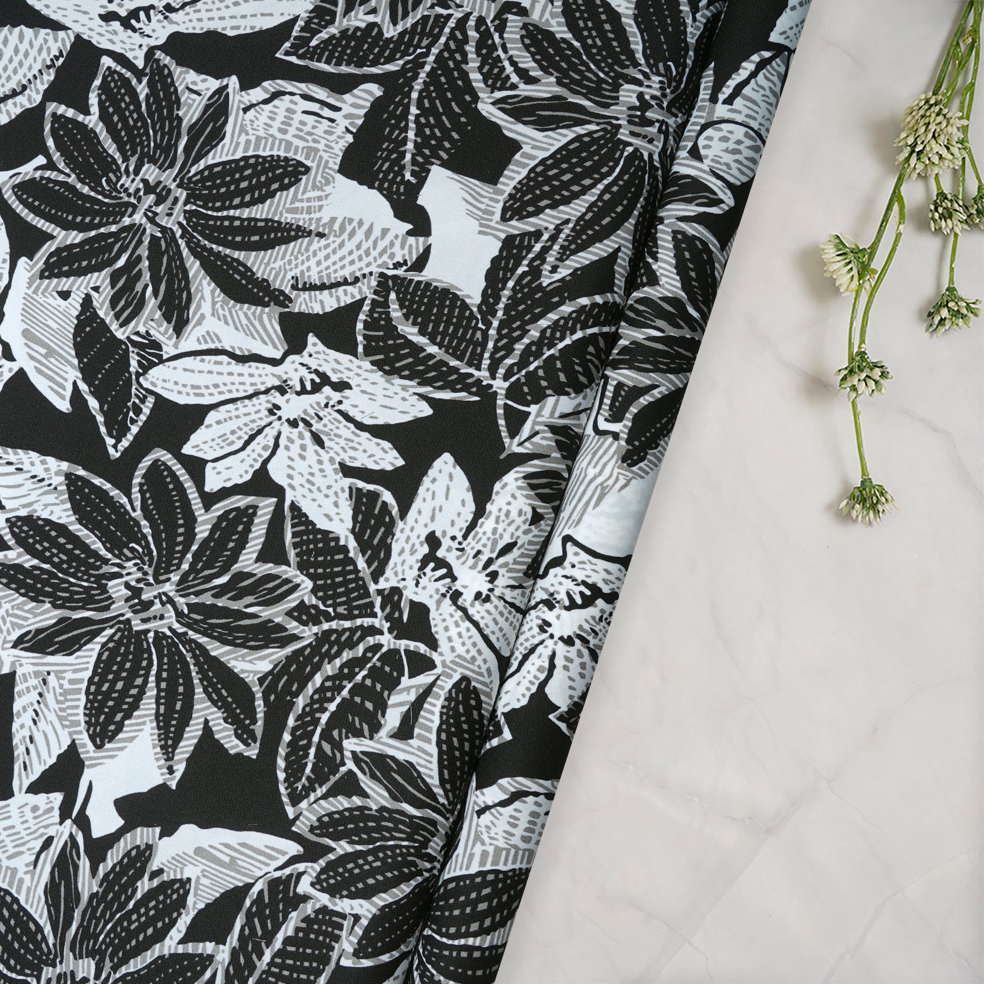 White-Black Floral Pattern Printed Crepe Fabric