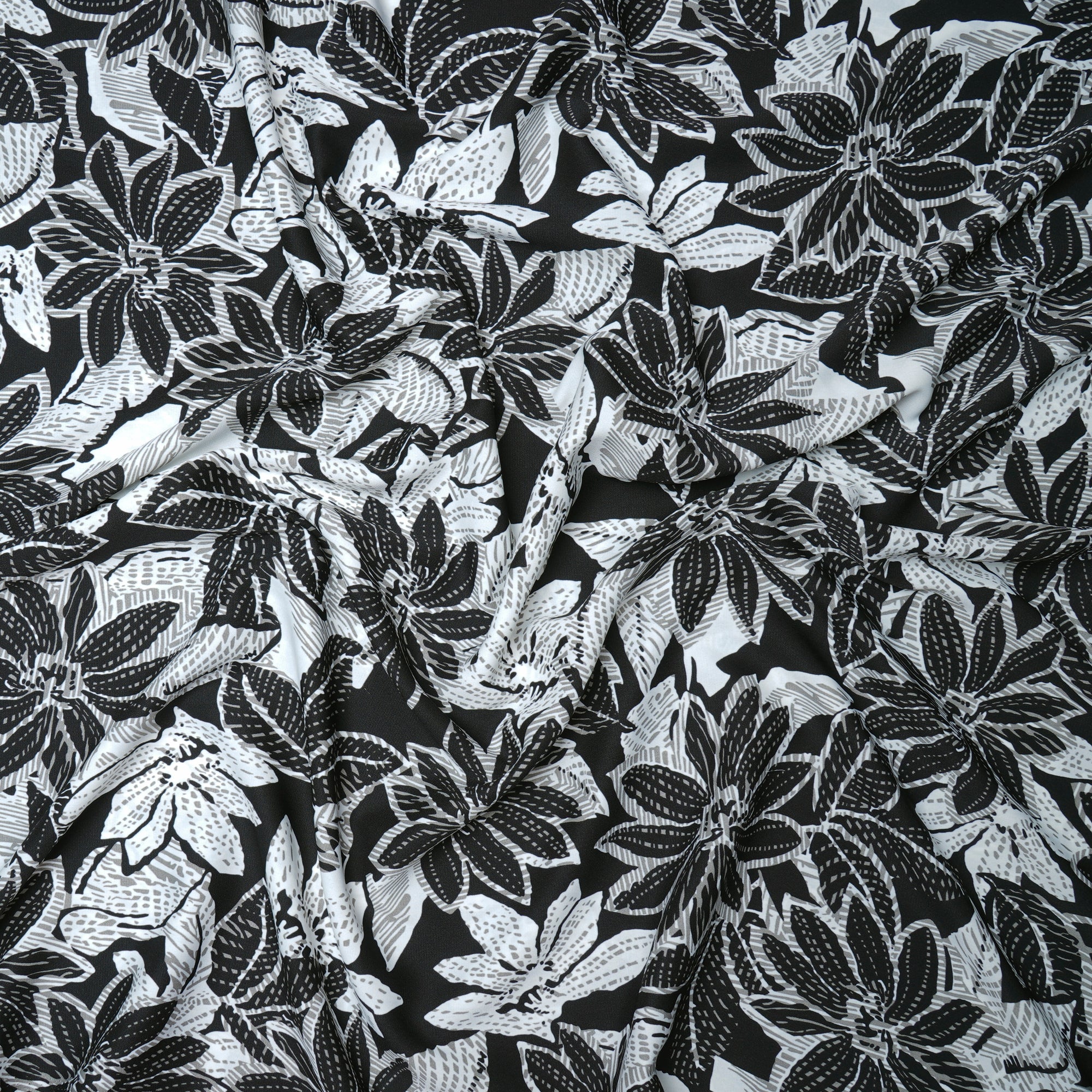 White-Black Floral Pattern Printed Crepe Fabric