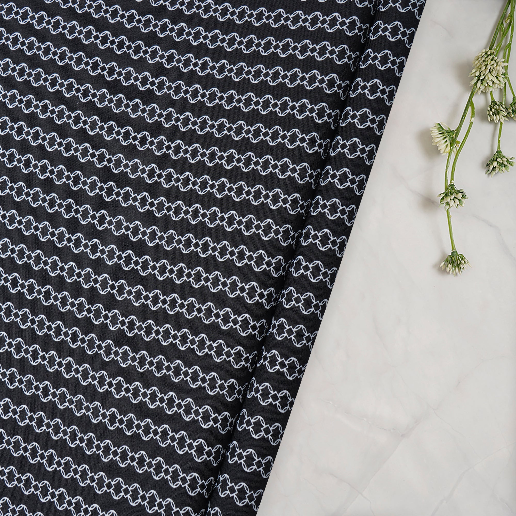 Black-White Geometric Pattern Printed Crepe Fabric