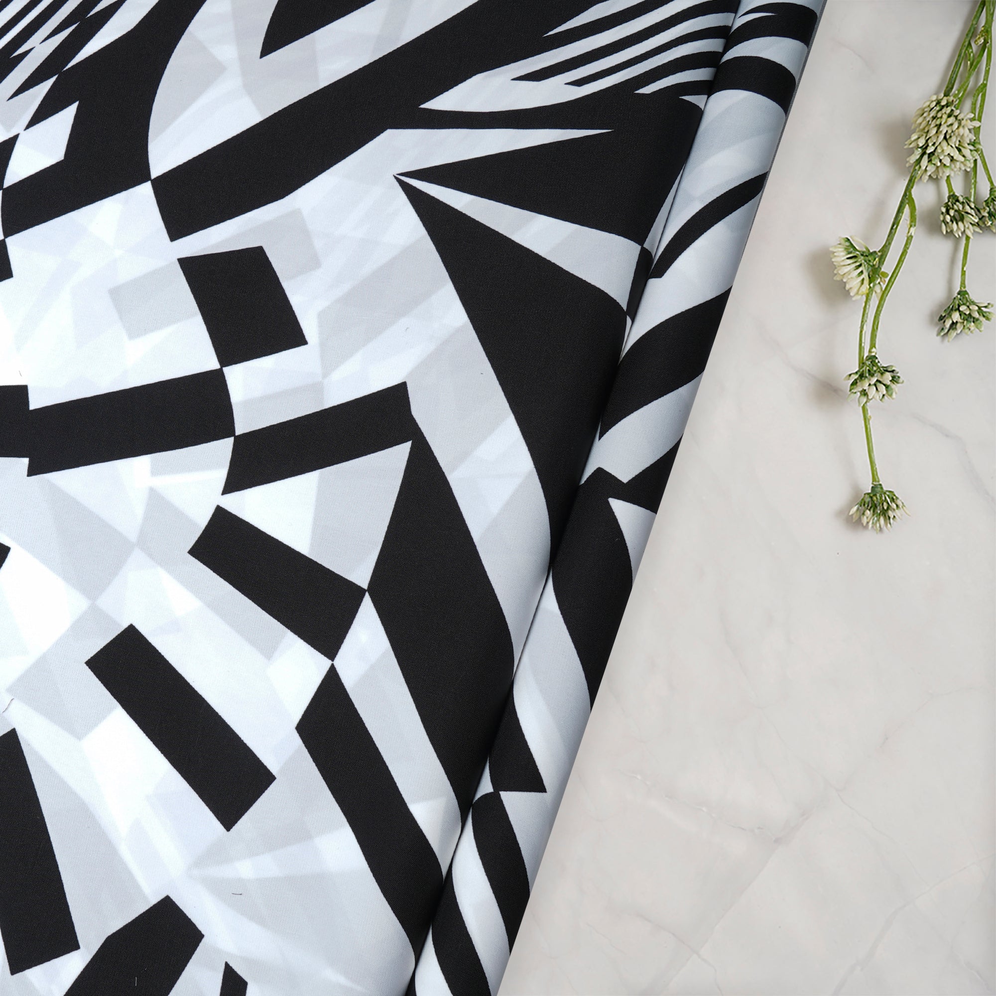 Black-White Geometric Pattern Printed Crepe Fabric