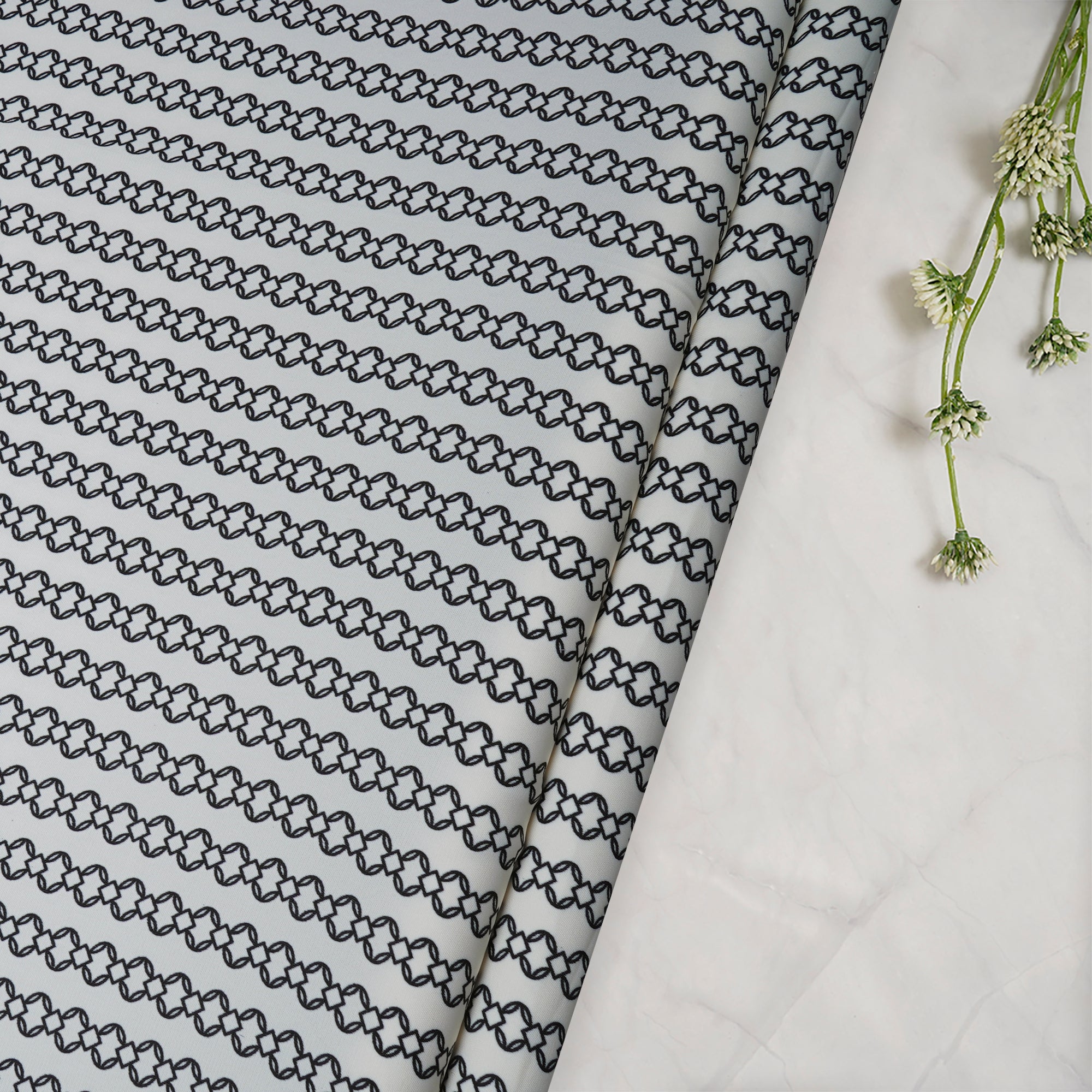 White-Black Geometric Pattern Printed Crepe Fabric