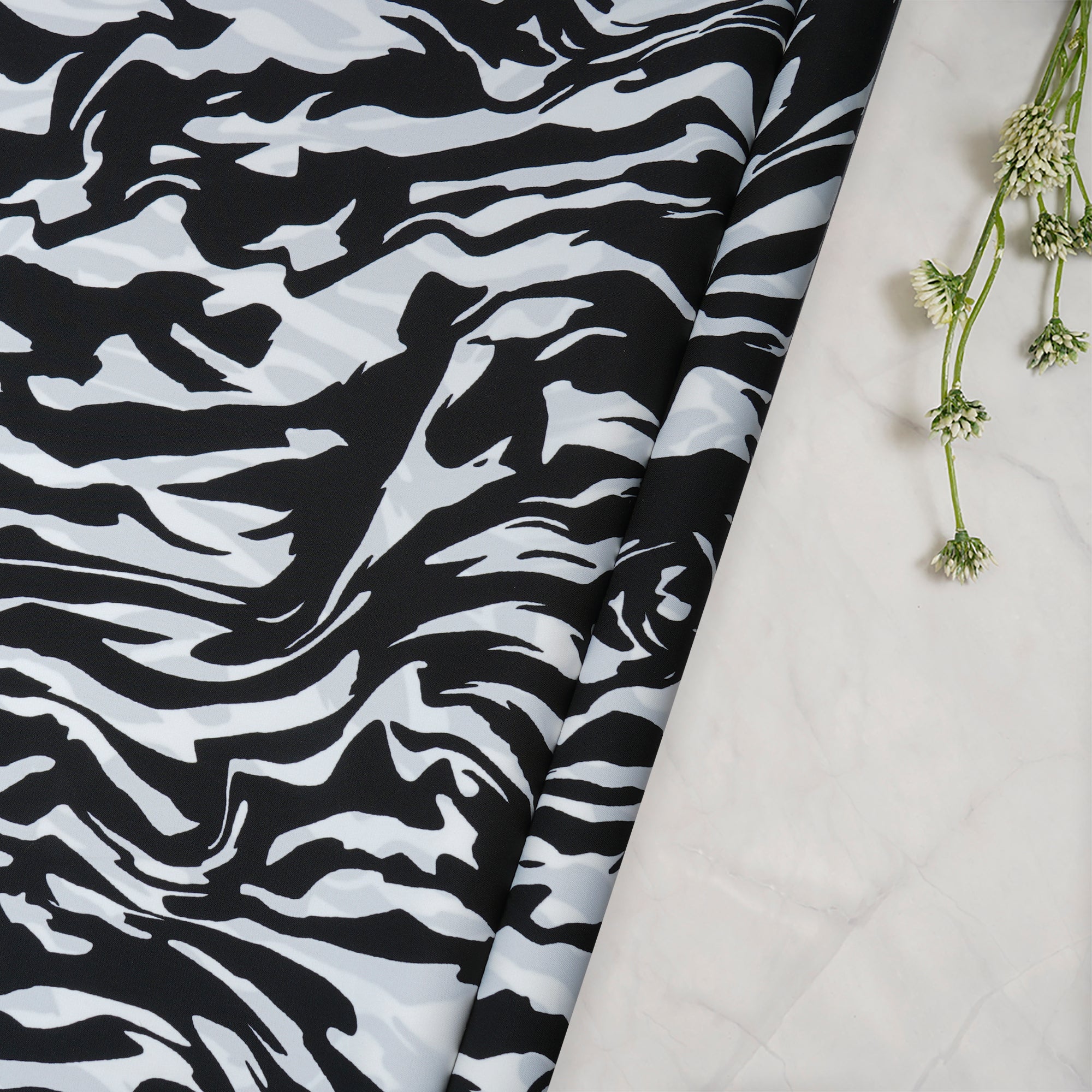 White-Black Abstract Pattern Printed Crepe Fabric